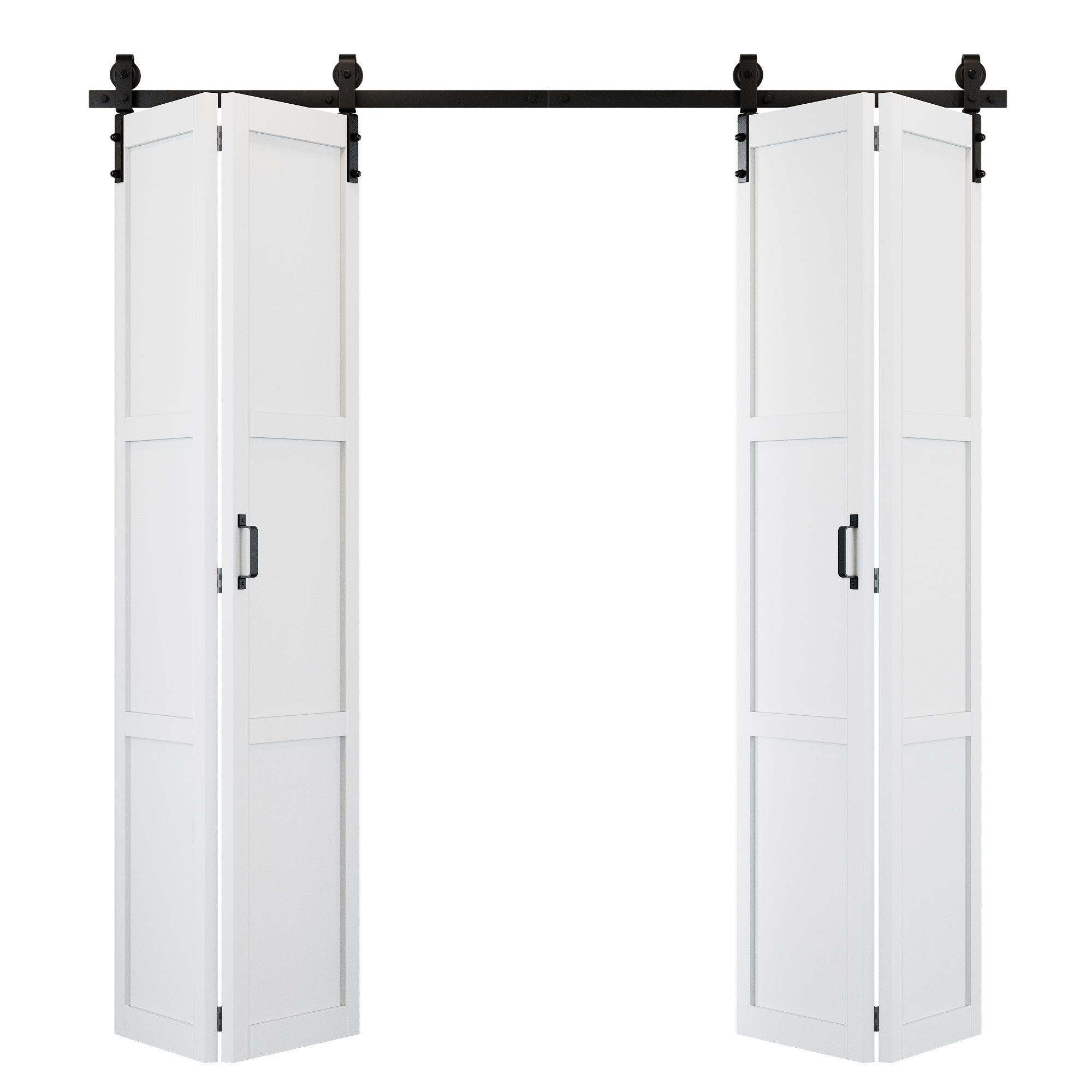 [Paintable] 3-Lite Paneled White Primed MDF Composite Bi-fold Sliding Barn Door with Hardware Kit and Handle