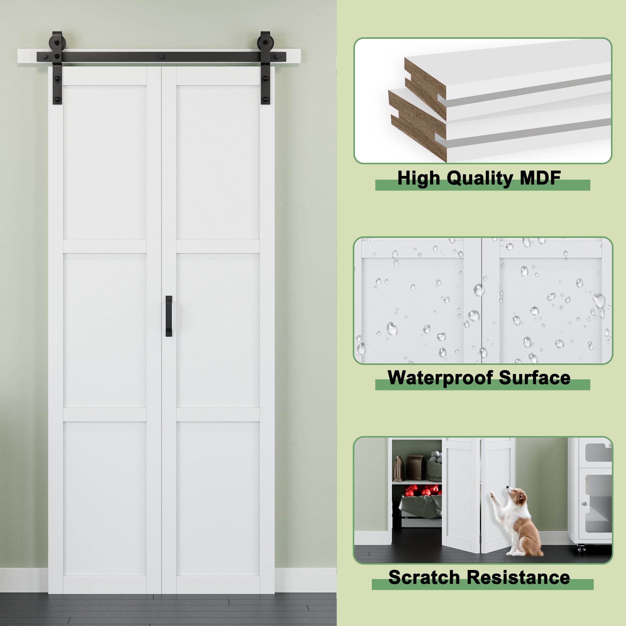 [Paintable] 3-Lite Tempered Frosted Glass Closet Bifold Barn Door with Hardware Kit & Handle, Solid Core MDF Wood &Prefinished, White