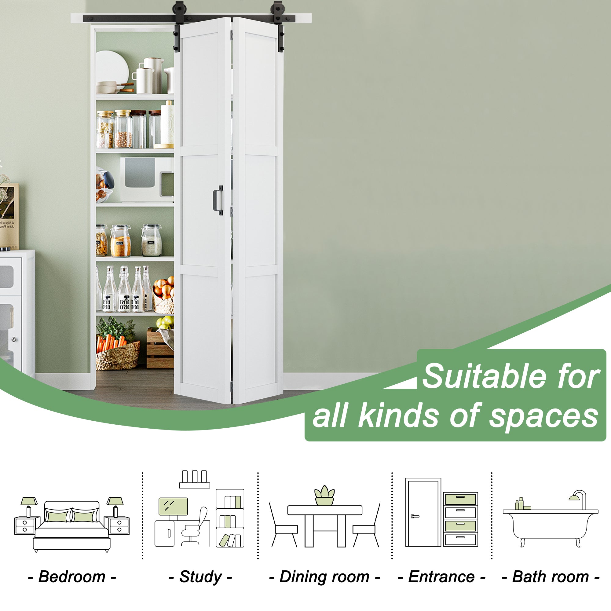 [Paintable] 3-Lite Paneled White Primed MDF Composite Bi-fold Sliding Barn Door with Hardware Kit and Handle