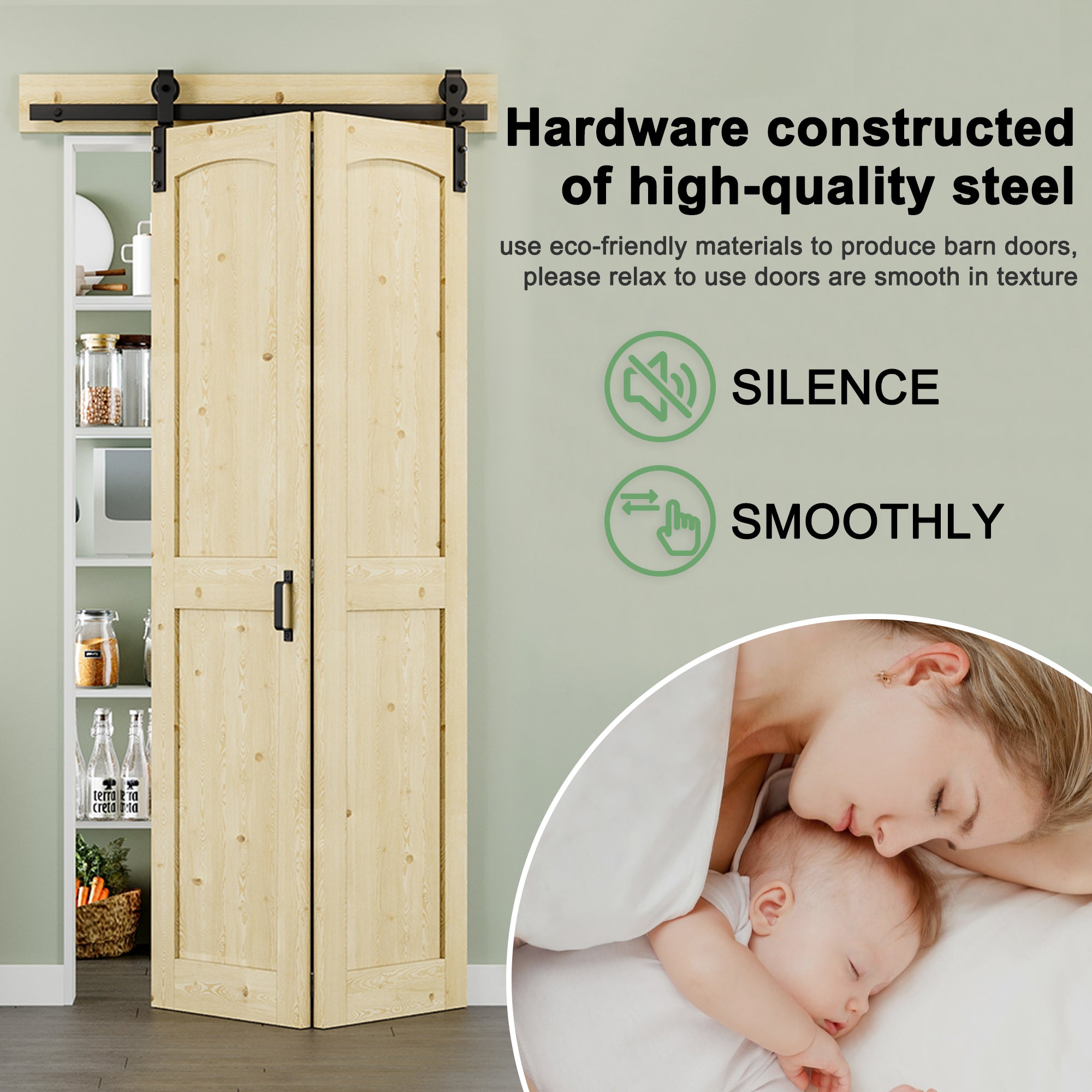 [Paintable] H Panel Pine Wood Closet Bifold Barn Door with Hardware Kit & Handle, Solid Core Pine Wood & Unfinished & Paintable Surface