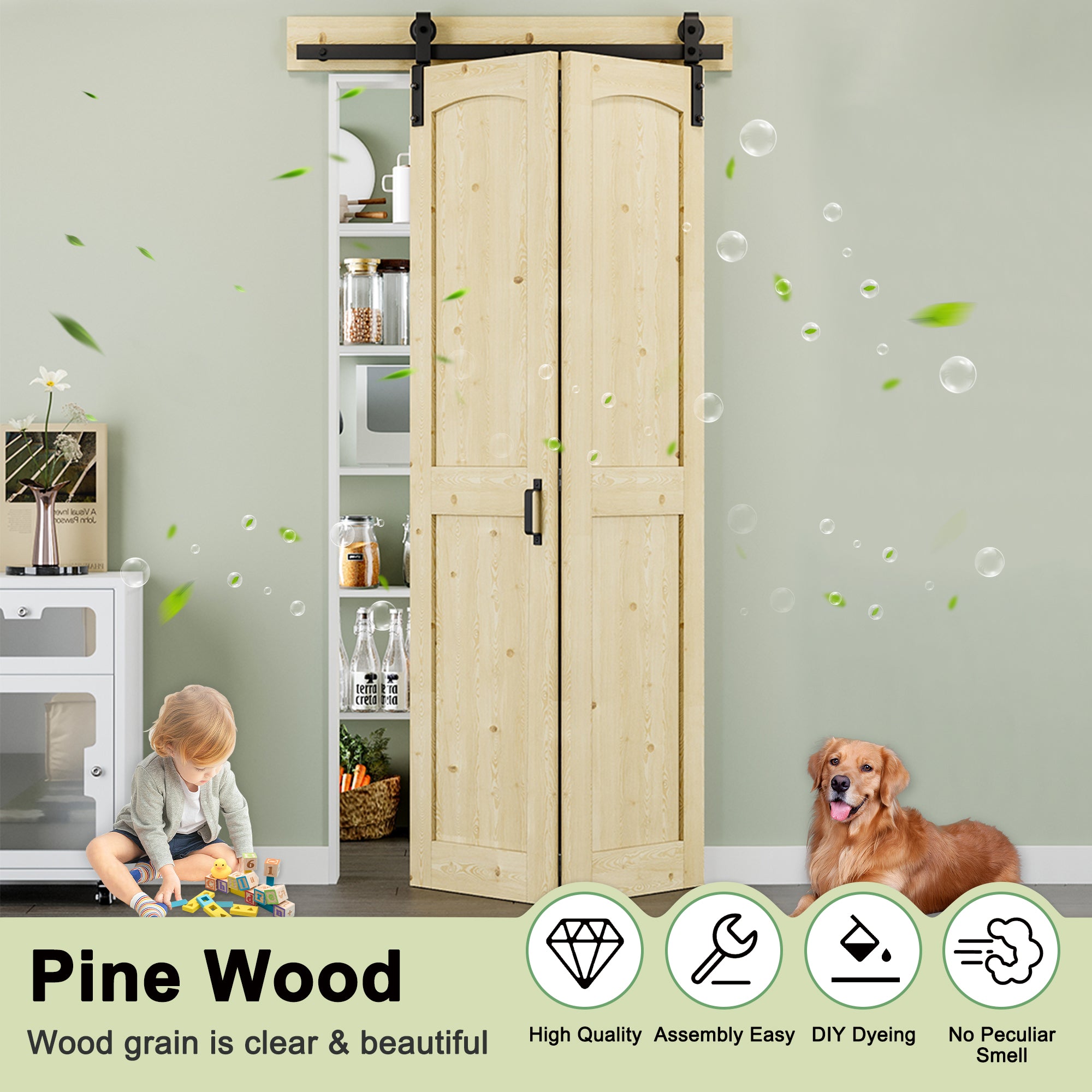 [Paintable] H Panel Pine Wood Closet Bifold Barn Door with Hardware Kit & Handle, Solid Core Pine Wood & Unfinished & Paintable Surface