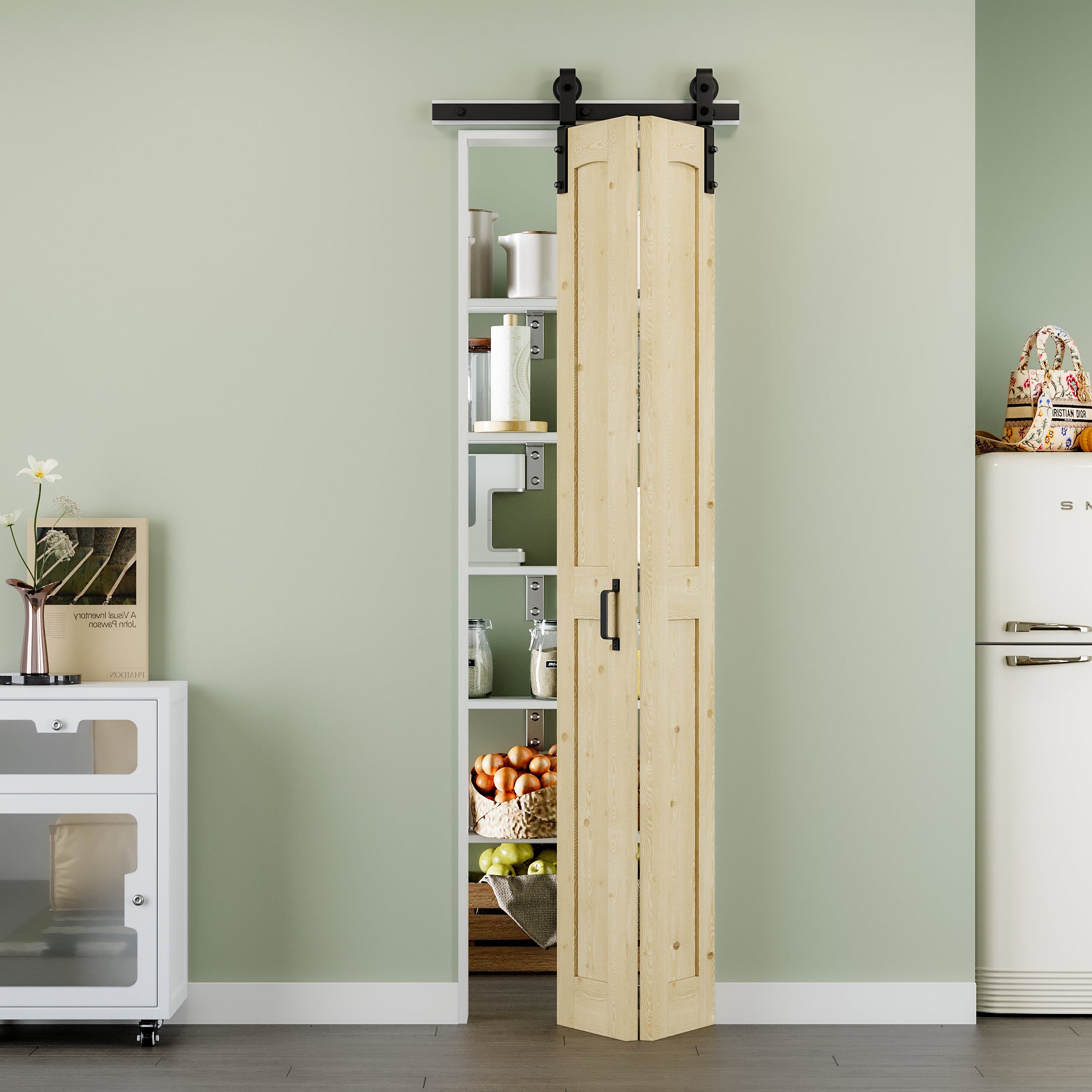[Paintable] H Panel Pine Wood Closet Bifold Barn Door with Hardware Kit & Handle, Solid Core Pine Wood & Unfinished & Paintable Surface
