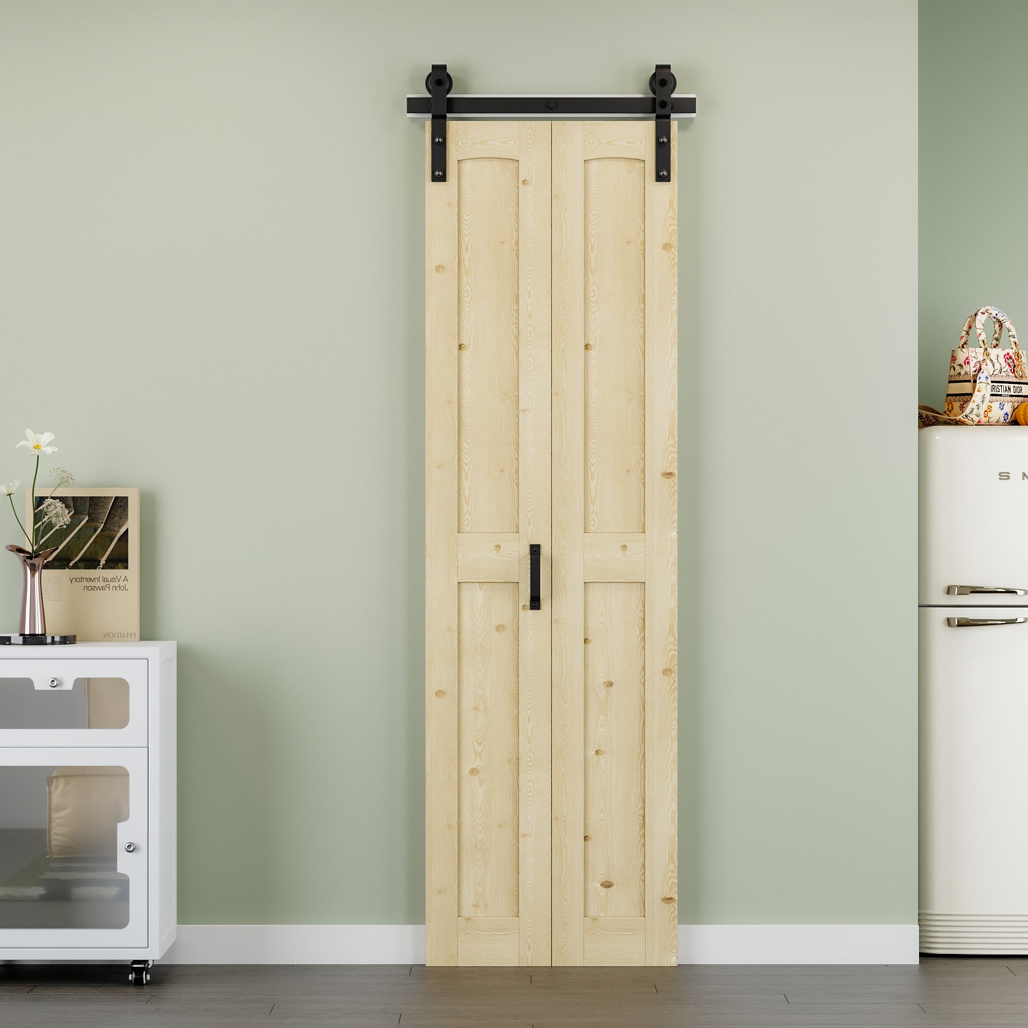 [Paintable] H Panel Pine Wood Closet Bifold Barn Door with Hardware Kit & Handle, Solid Core Pine Wood & Unfinished & Paintable Surface