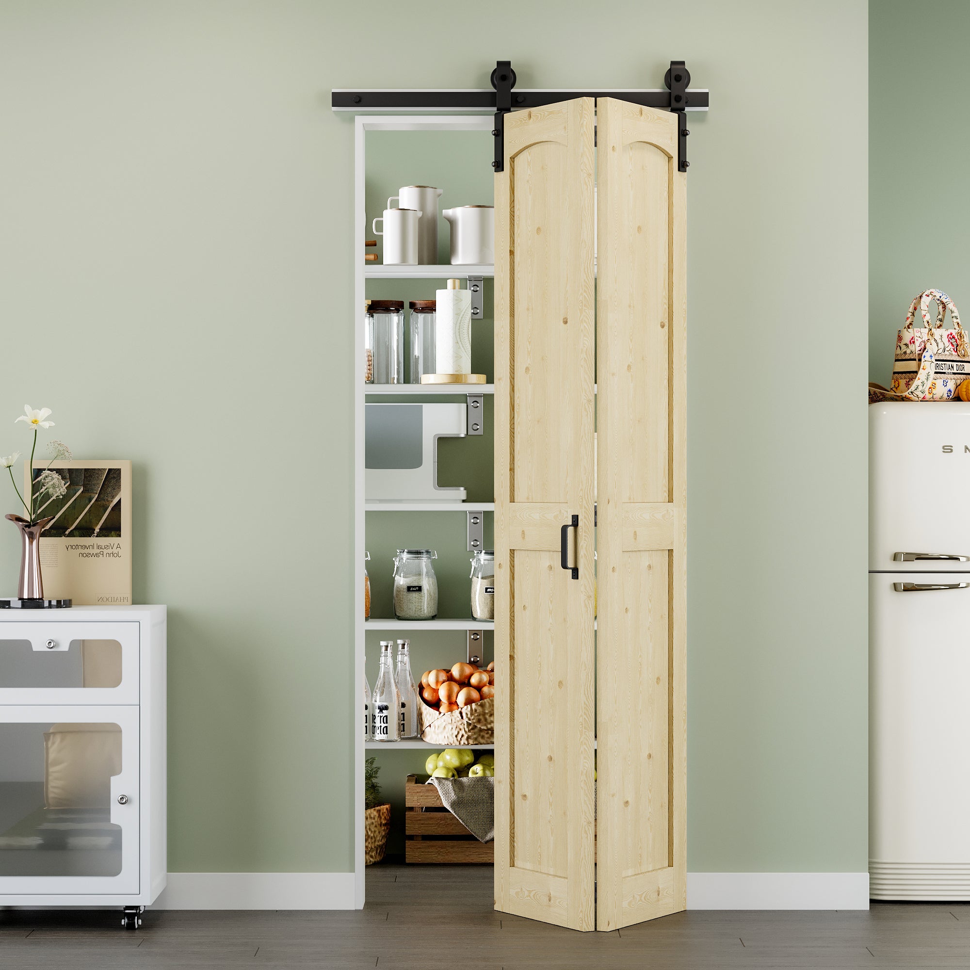 [Paintable] H Panel Pine Wood Closet Bifold Barn Door with Hardware Kit & Handle, Solid Core Pine Wood & Unfinished & Paintable Surface