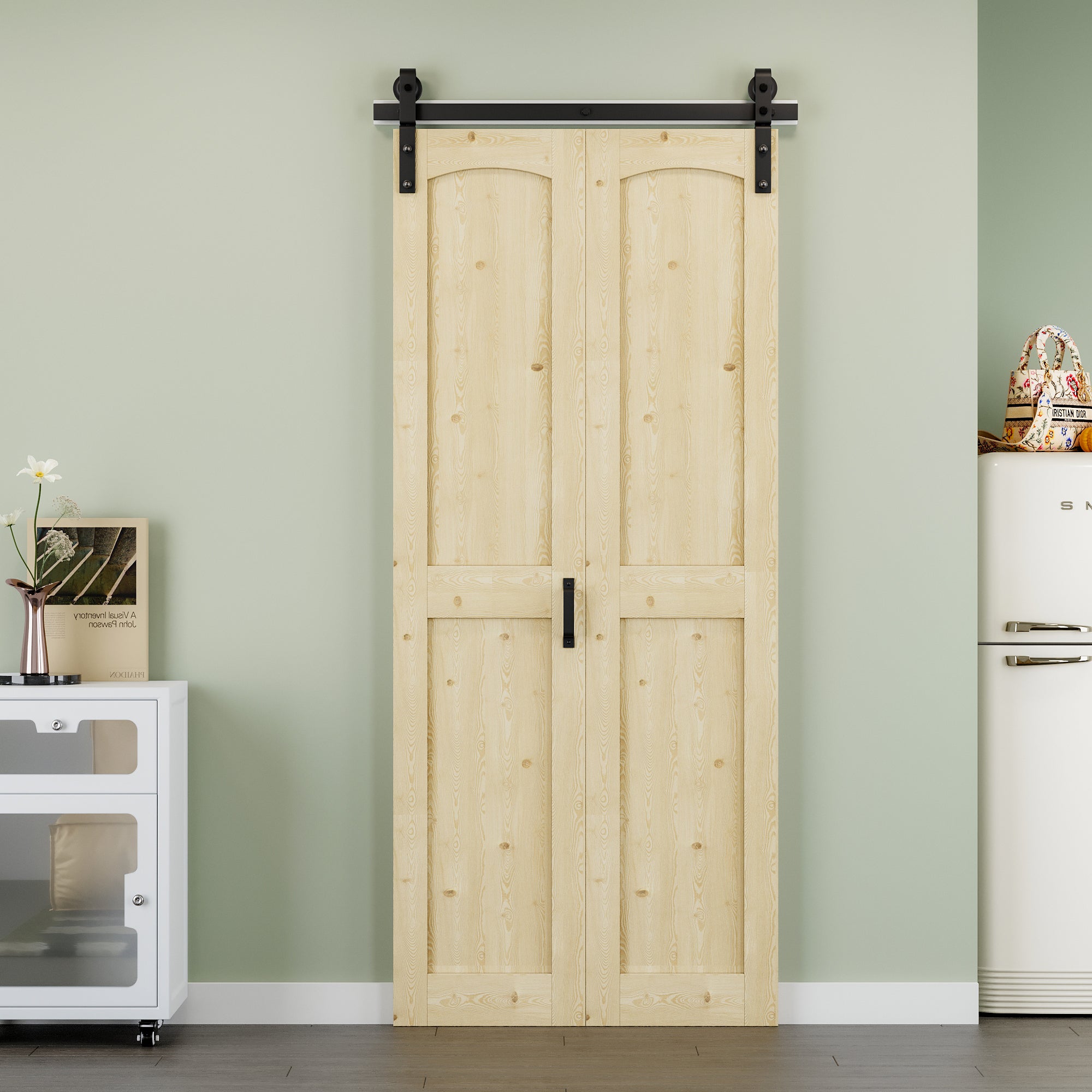 [Paintable] H Panel Pine Wood Closet Bifold Barn Door with Hardware Kit & Handle, Solid Core Pine Wood & Unfinished & Paintable Surface
