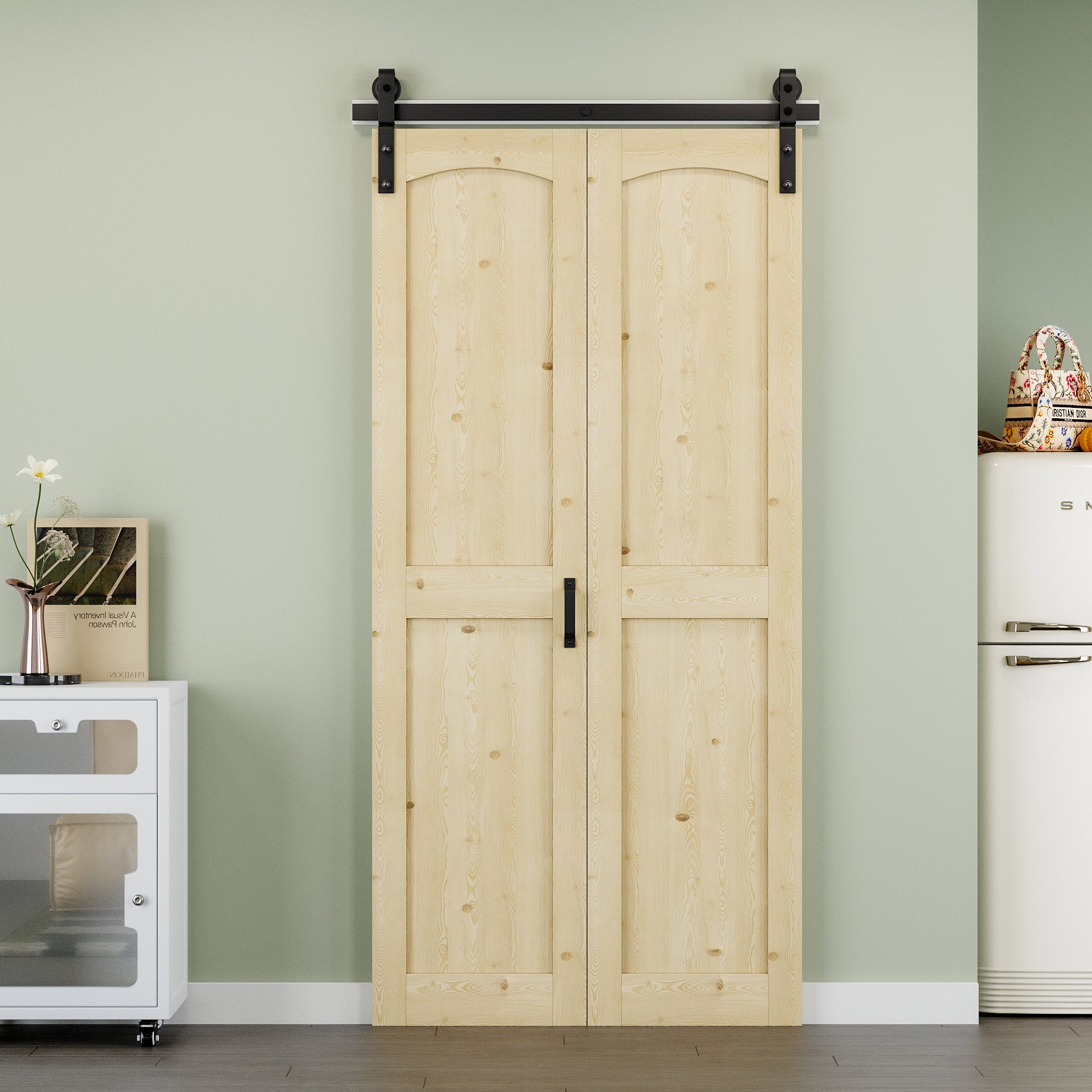 [Paintable] H Panel Pine Wood Closet Bifold Barn Door with Hardware Kit & Handle, Solid Core Pine Wood & Unfinished & Paintable Surface