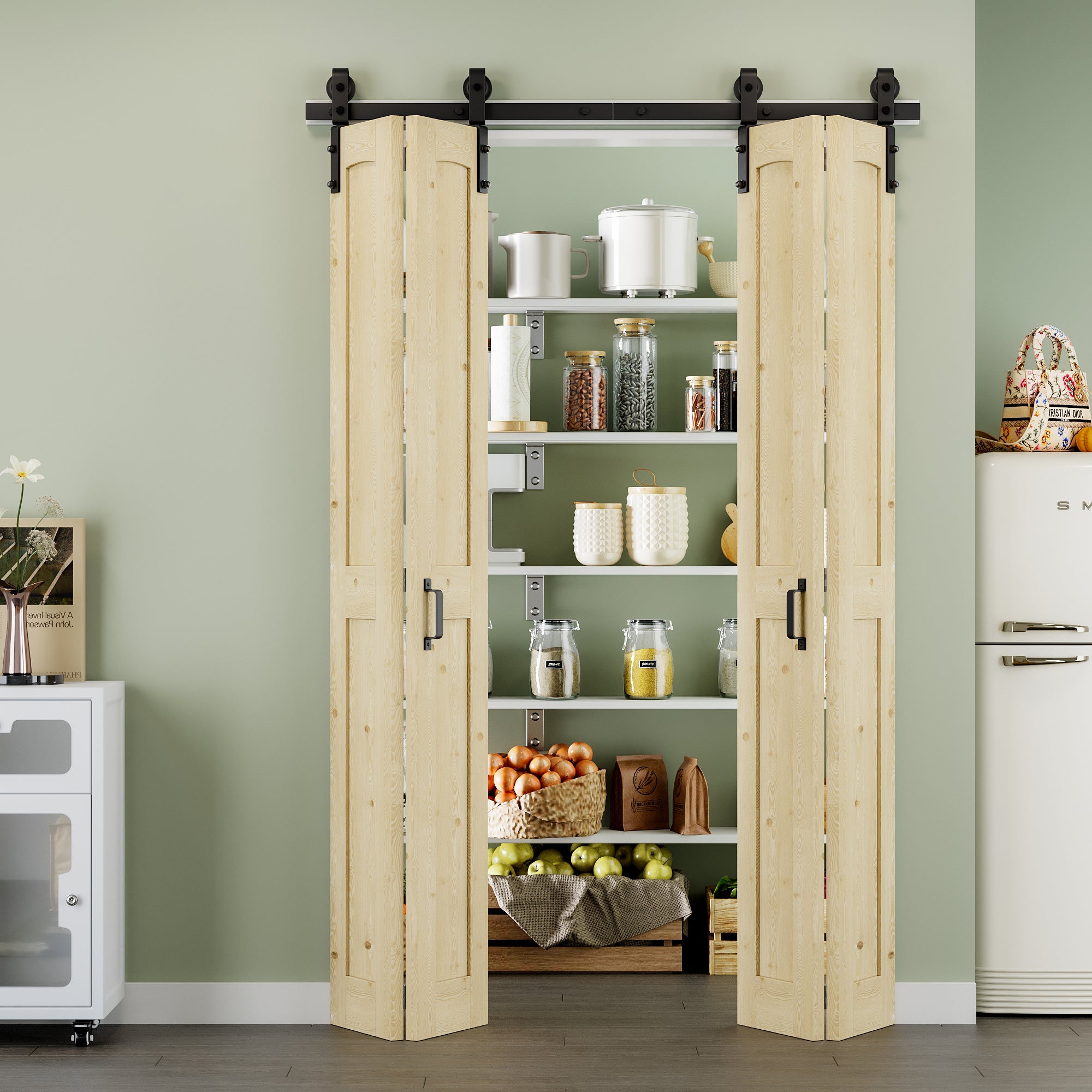 [Paintable] H Panel Pine Wood Closet Bifold Barn Door with Hardware Kit & Handle, Solid Core Pine Wood & Unfinished & Paintable Surface