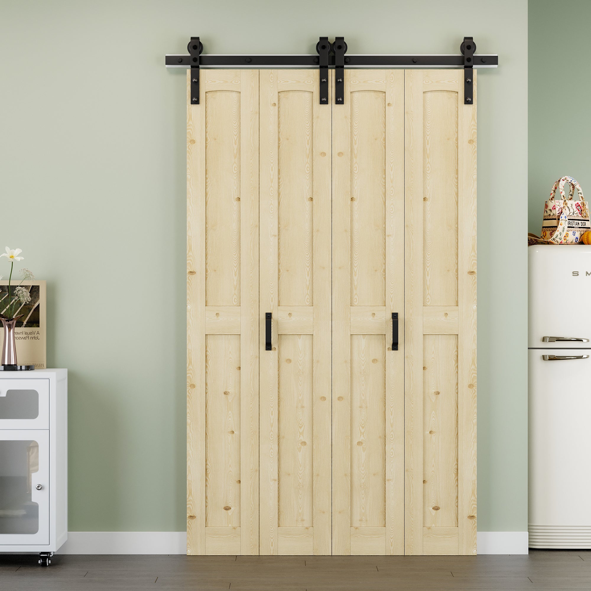[Paintable] H Panel Pine Wood Closet Bifold Barn Door with Hardware Kit & Handle, Solid Core Pine Wood & Unfinished & Paintable Surface
