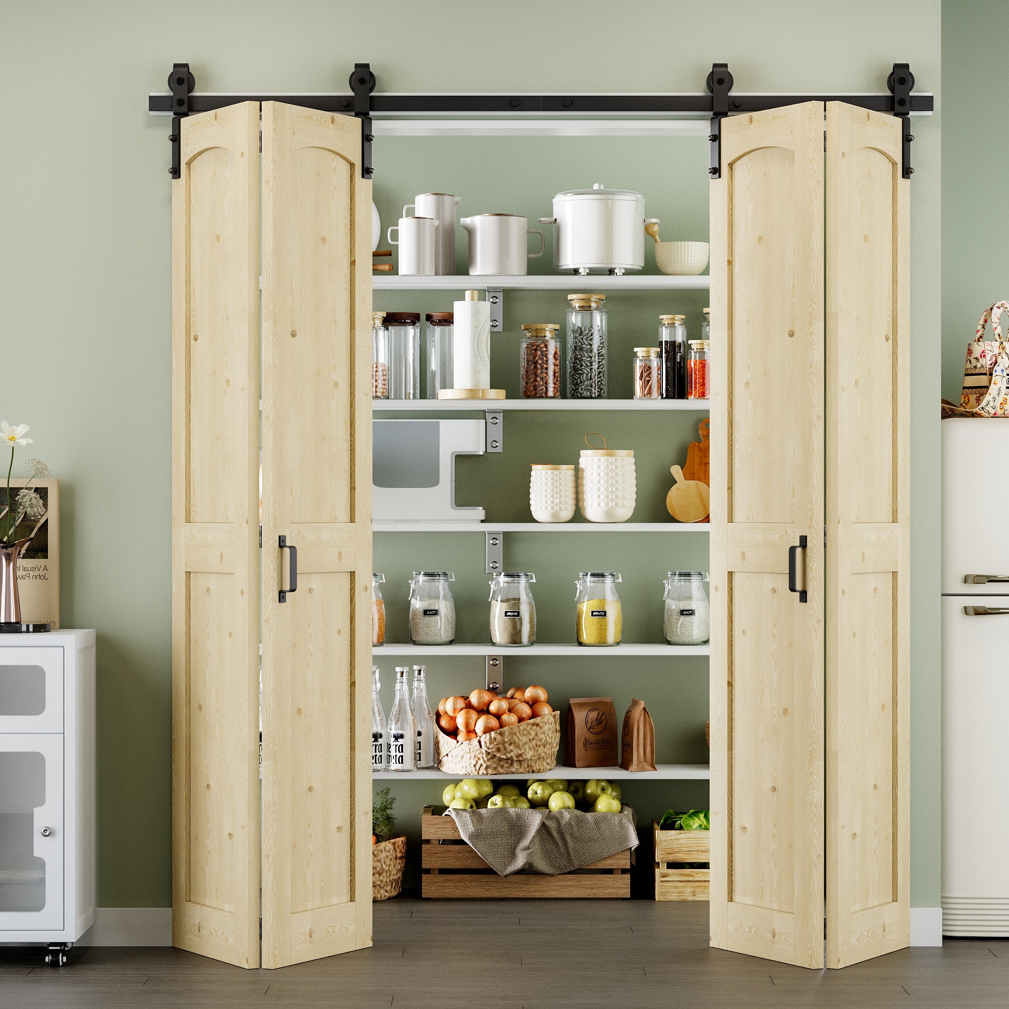 [Paintable] H Panel Pine Wood Closet Bifold Barn Door with Hardware Kit & Handle, Solid Core Pine Wood & Unfinished & Paintable Surface
