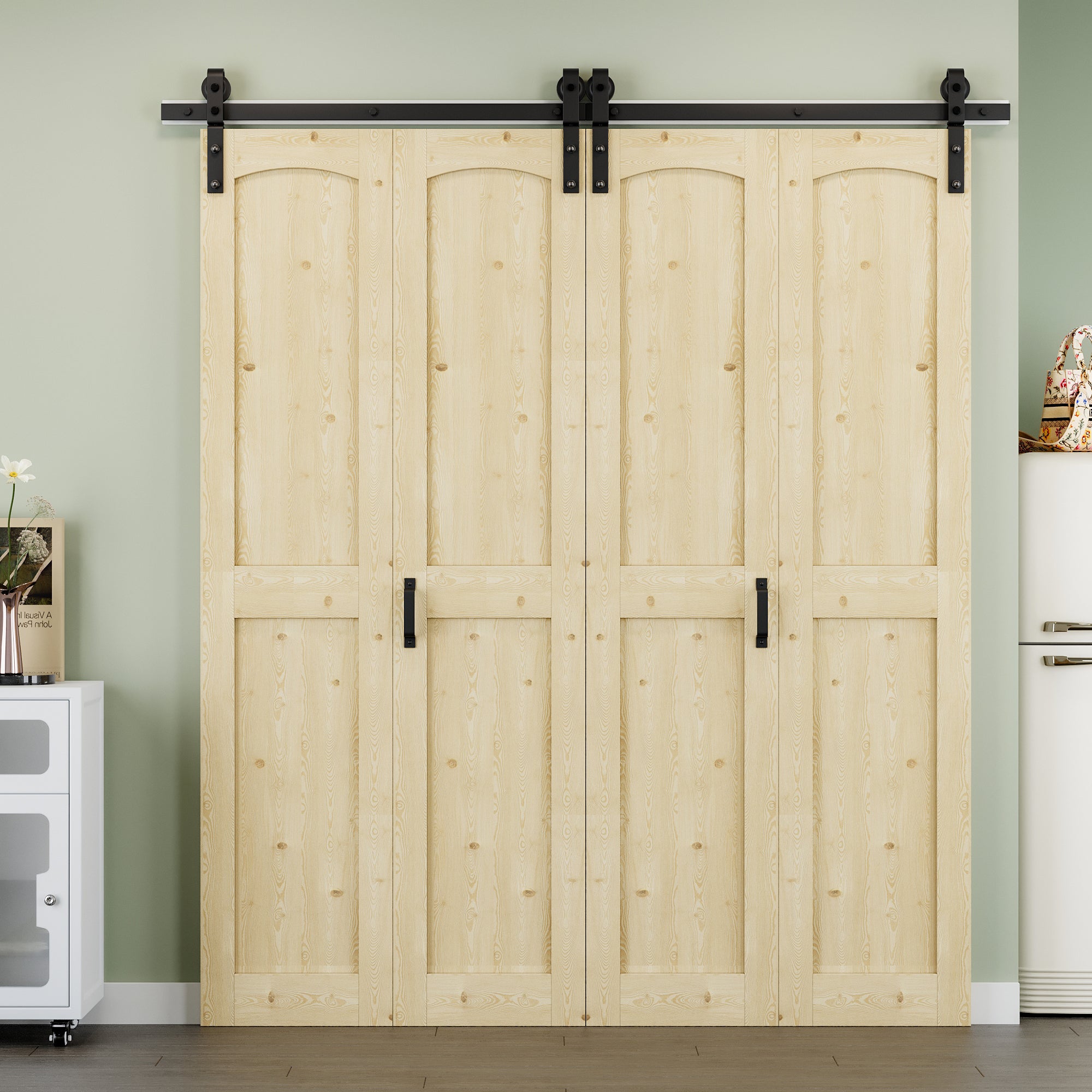 [Paintable] H Panel Pine Wood Closet Bifold Barn Door with Hardware Kit & Handle, Solid Core Pine Wood & Unfinished & Paintable Surface