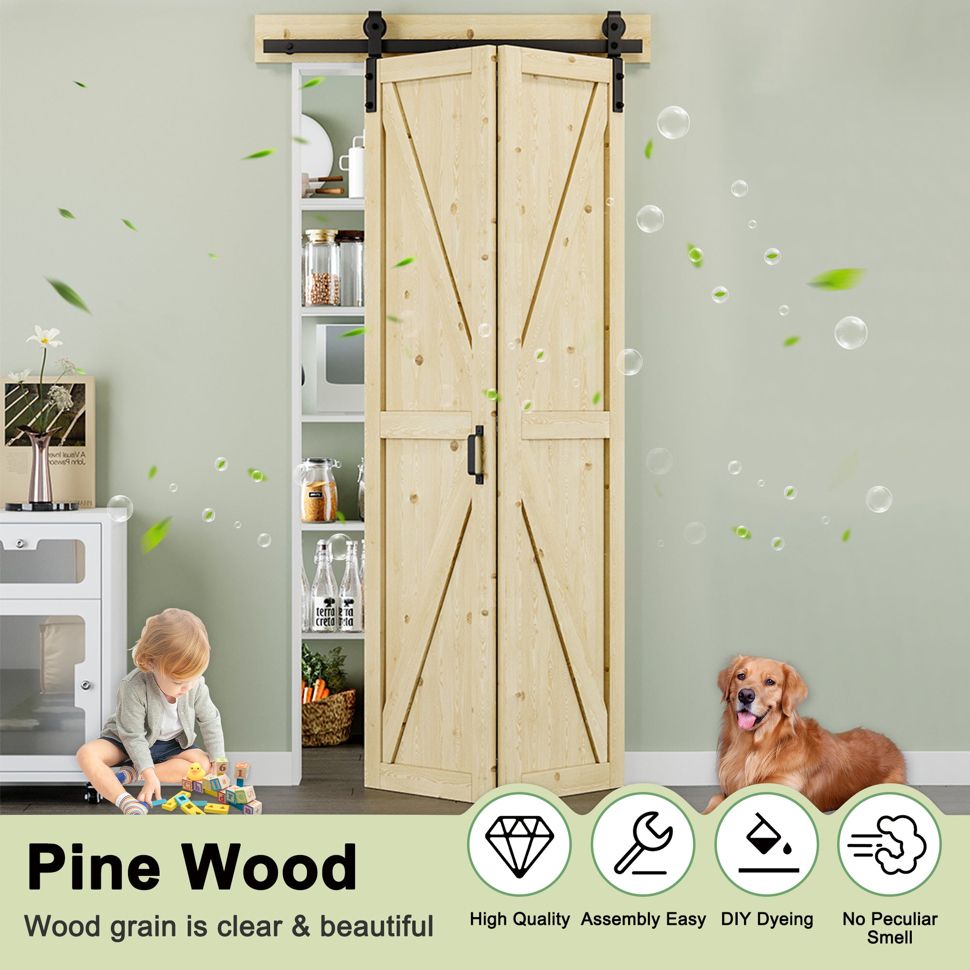 [Paintable] K Panel Pine Wood Closet Bifold Barn Door with Hardware Kit & Handle, Solid Core Pine Wood & Unfinished & Paintable Surface