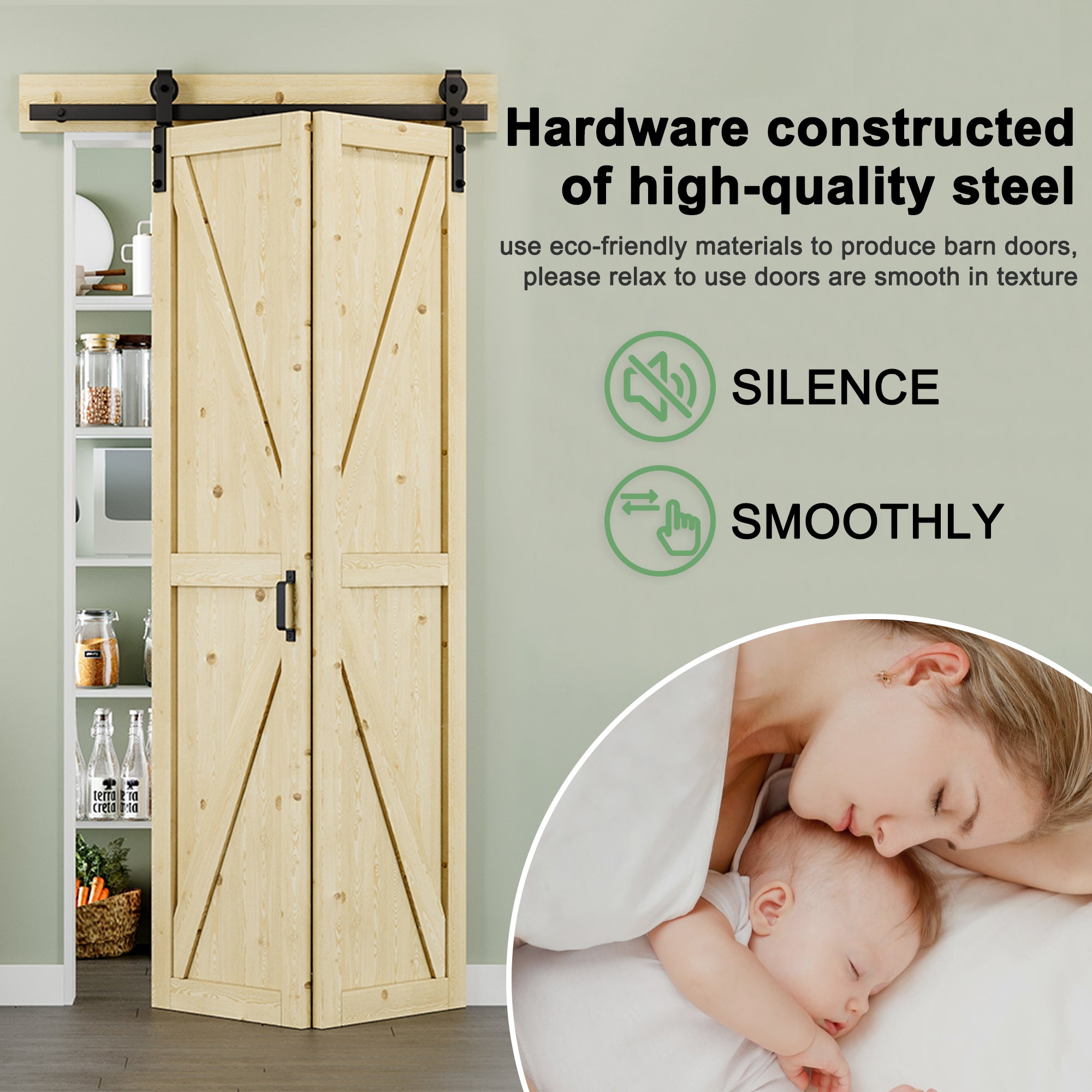 [Paintable] K Panel Pine Wood Closet Bifold Barn Door with Hardware Kit & Handle, Solid Core Pine Wood & Unfinished & Paintable Surface