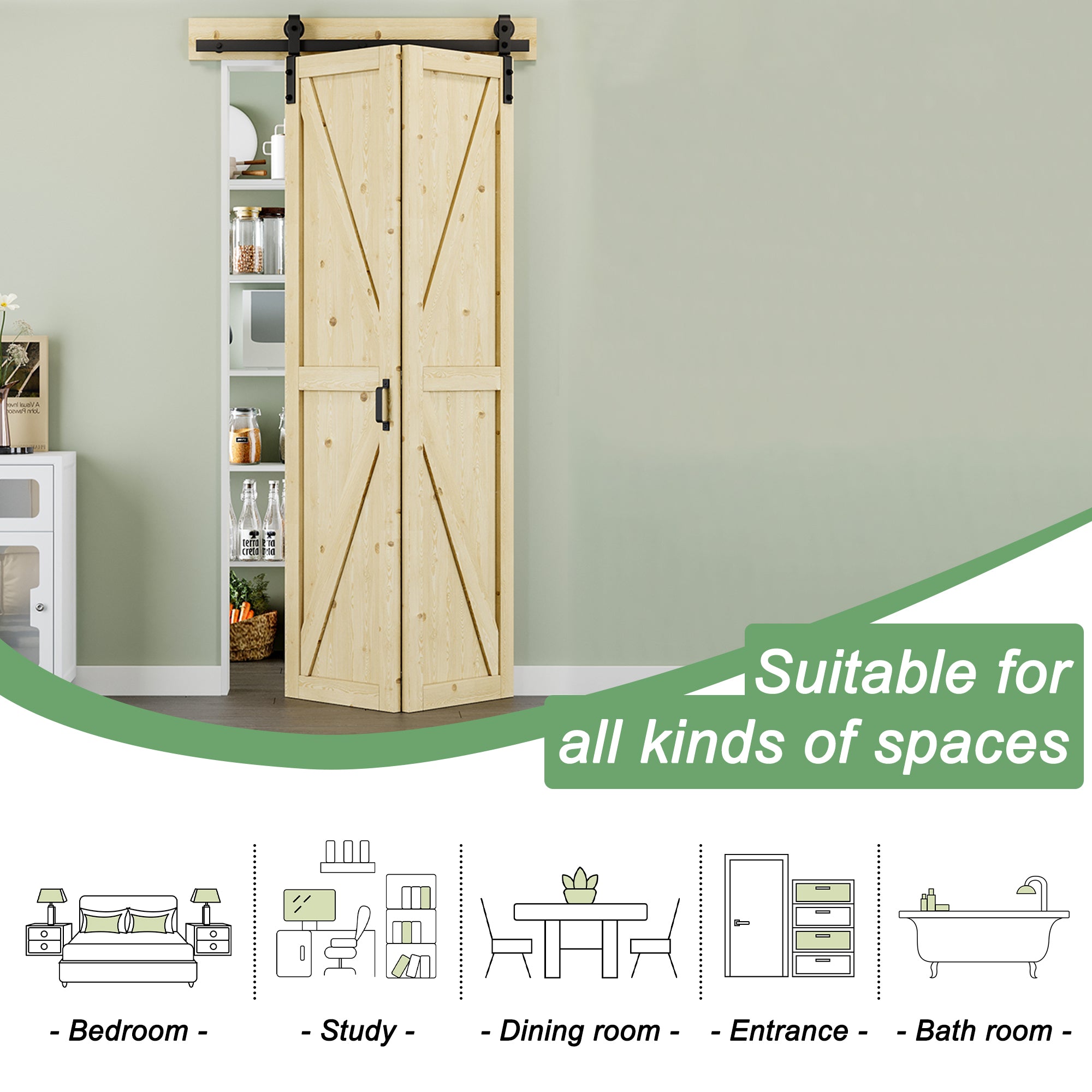 [Paintable] K Panel Pine Wood Closet Bifold Barn Door with Hardware Kit & Handle, Solid Core Pine Wood & Unfinished & Paintable Surface