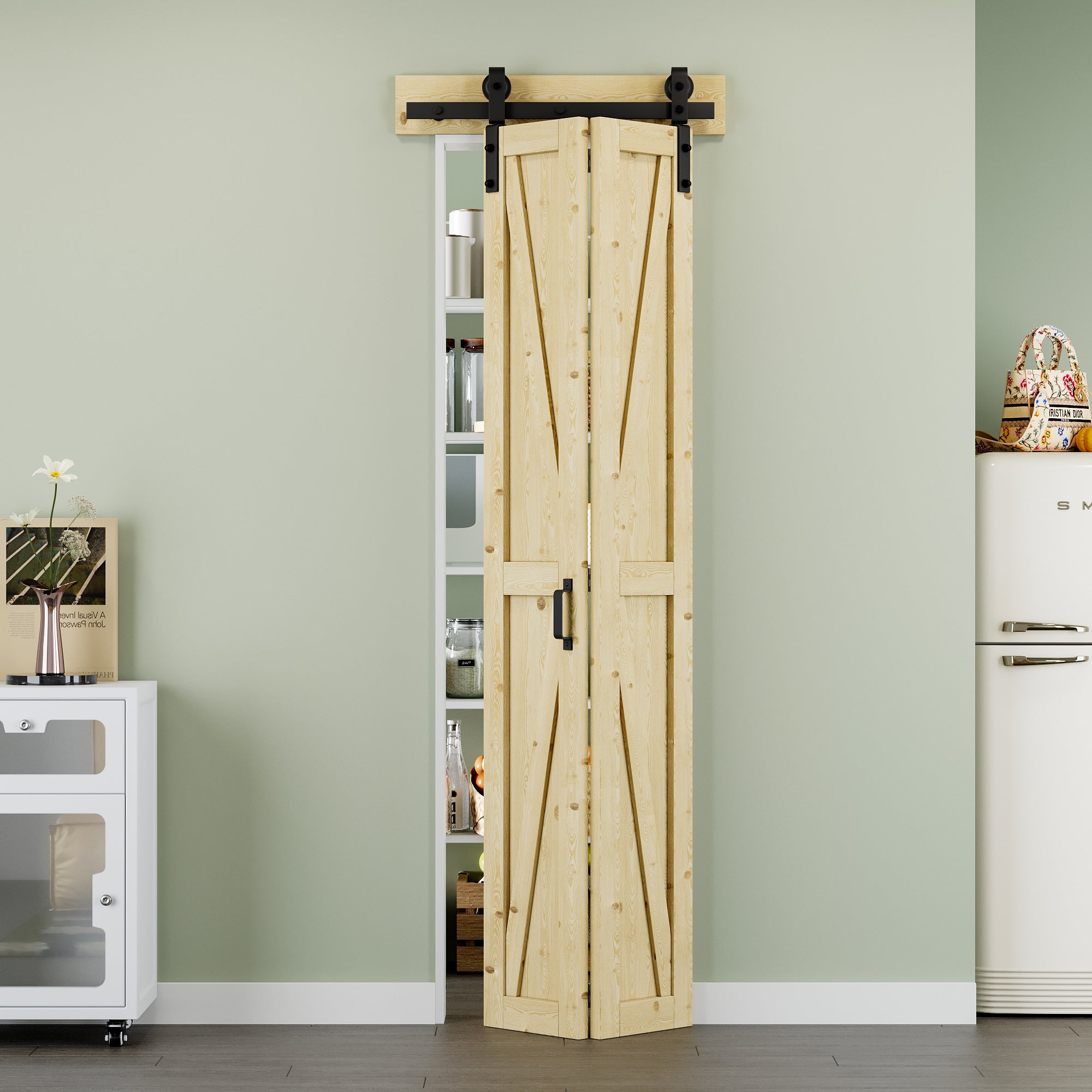 [Paintable] K Panel Pine Wood Closet Bifold Barn Door with Hardware Kit & Handle, Solid Core Pine Wood & Unfinished & Paintable Surface