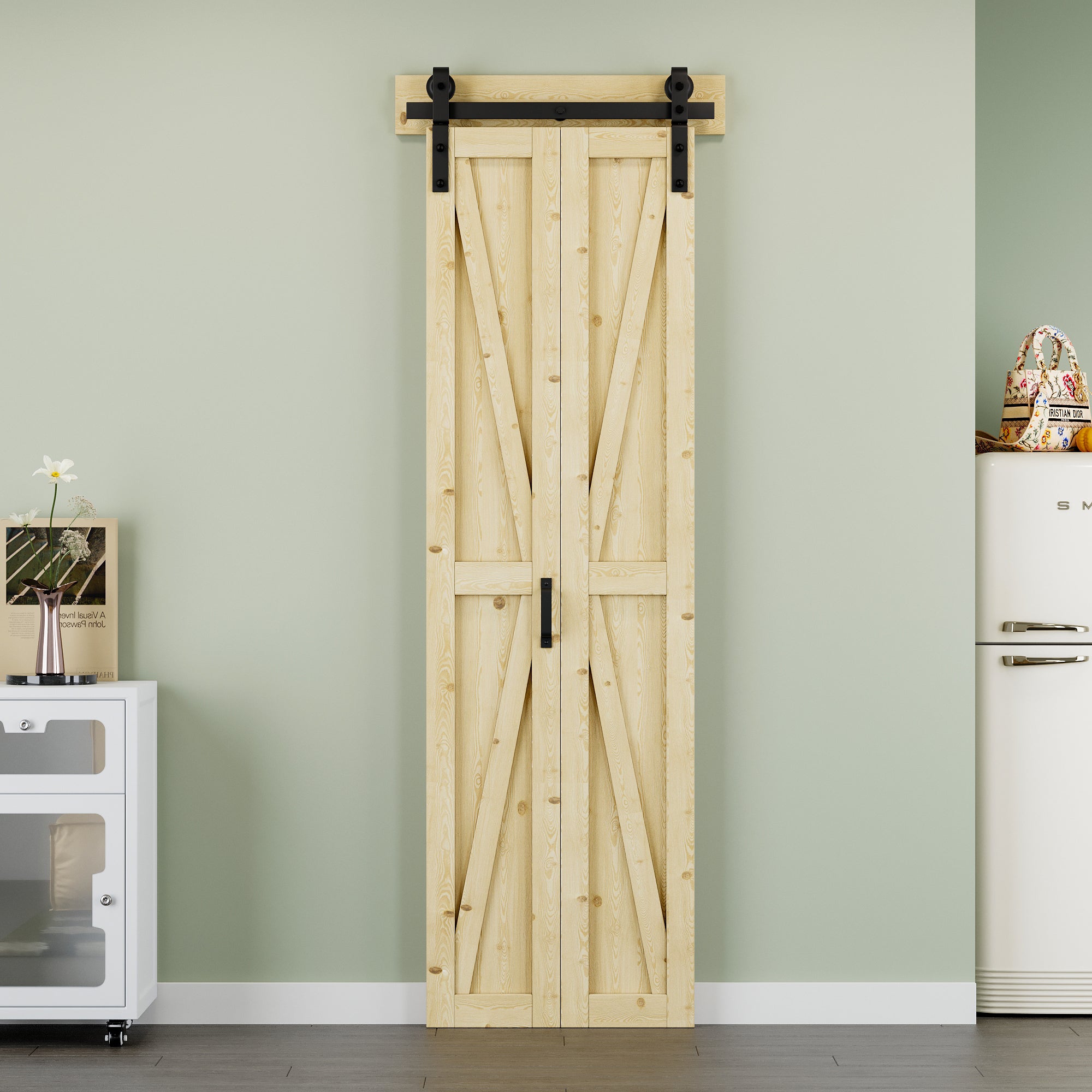 [Paintable] K Panel Pine Wood Closet Bifold Barn Door with Hardware Kit & Handle, Solid Core Pine Wood & Unfinished & Paintable Surface
