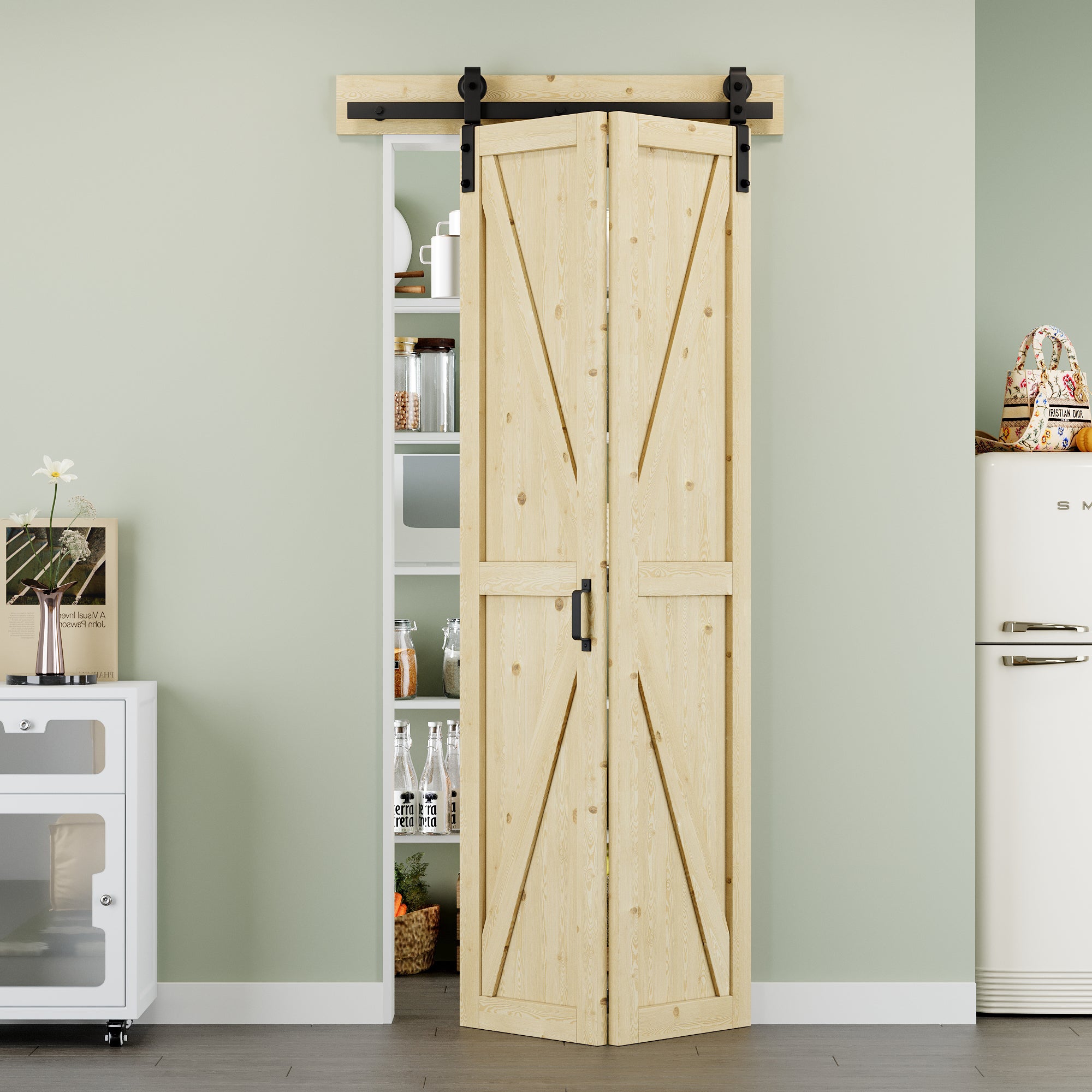 [Paintable] K Panel Pine Wood Closet Bifold Barn Door with Hardware Kit & Handle, Solid Core Pine Wood & Unfinished & Paintable Surface