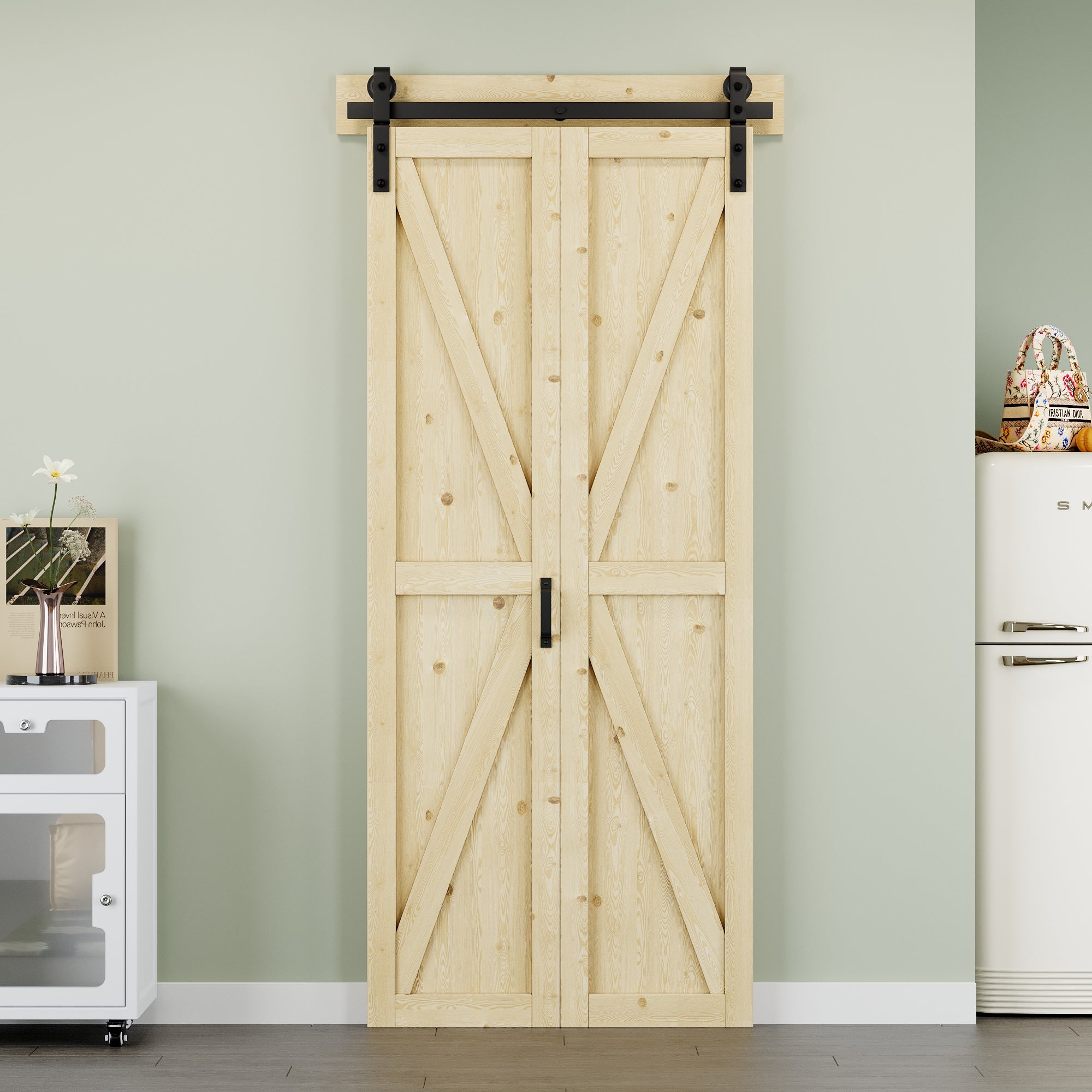 [Paintable] K Panel Pine Wood Closet Bifold Barn Door with Hardware Kit & Handle, Solid Core Pine Wood & Unfinished & Paintable Surface