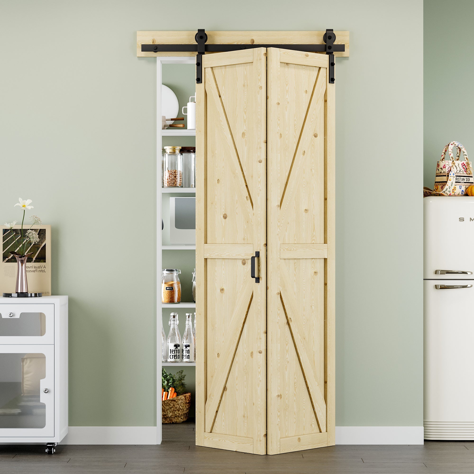 [Paintable] K Panel Pine Wood Closet Bifold Barn Door with Hardware Kit & Handle, Solid Core Pine Wood & Unfinished & Paintable Surface