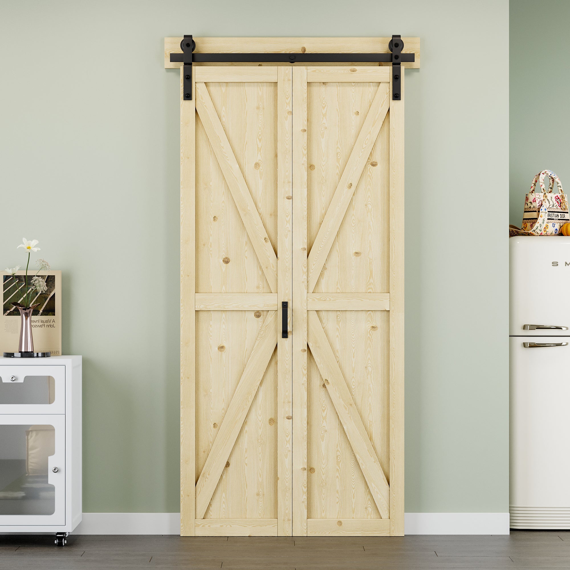 [Paintable] K Panel Pine Wood Closet Bifold Barn Door with Hardware Kit & Handle, Solid Core Pine Wood & Unfinished & Paintable Surface