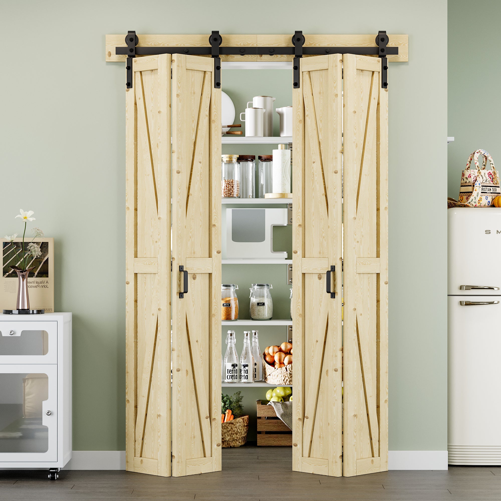 [Paintable] K Panel Pine Wood Closet Bifold Barn Door with Hardware Kit & Handle, Solid Core Pine Wood & Unfinished & Paintable Surface
