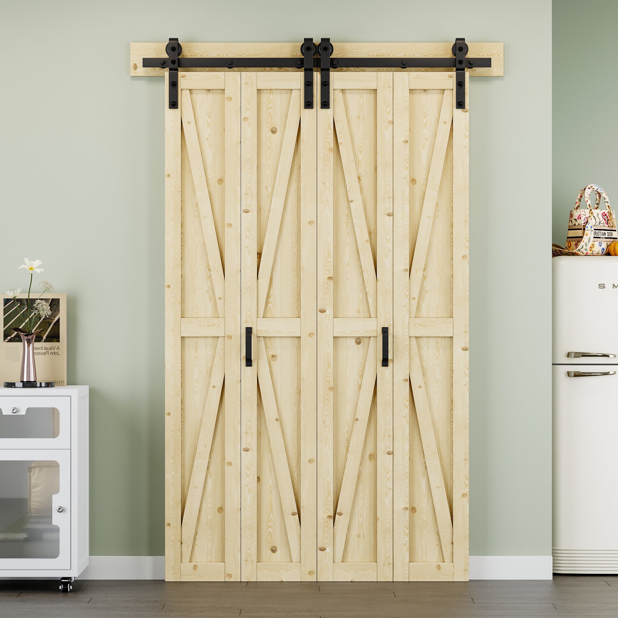 [Paintable] K Panel Pine Wood Closet Bifold Barn Door with Hardware Kit & Handle, Solid Core Pine Wood & Unfinished & Paintable Surface