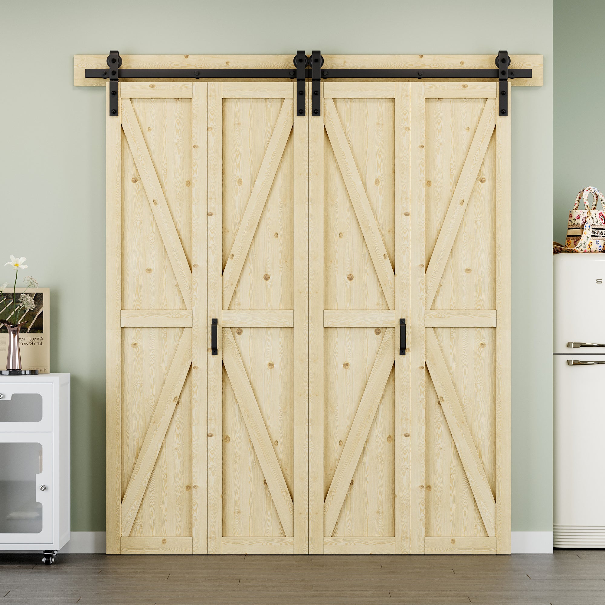 [Paintable] K Panel Pine Wood Closet Bifold Barn Door with Hardware Kit & Handle, Solid Core Pine Wood & Unfinished & Paintable Surface