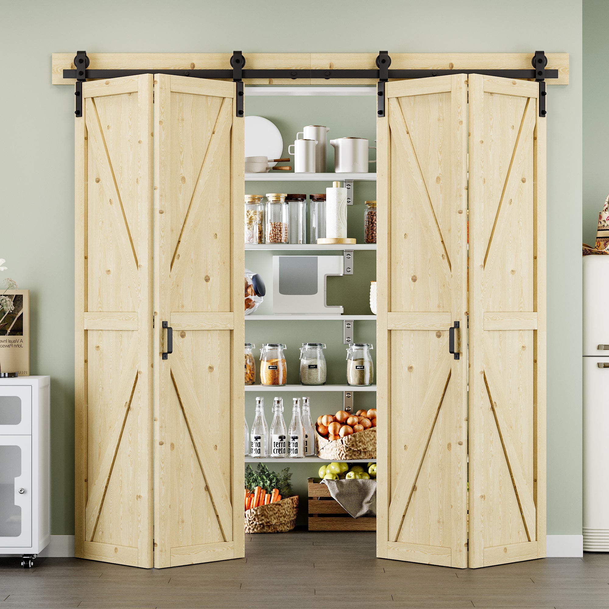 [Paintable] K Panel Pine Wood Closet Bifold Barn Door with Hardware Kit & Handle, Solid Core Pine Wood & Unfinished & Paintable Surface