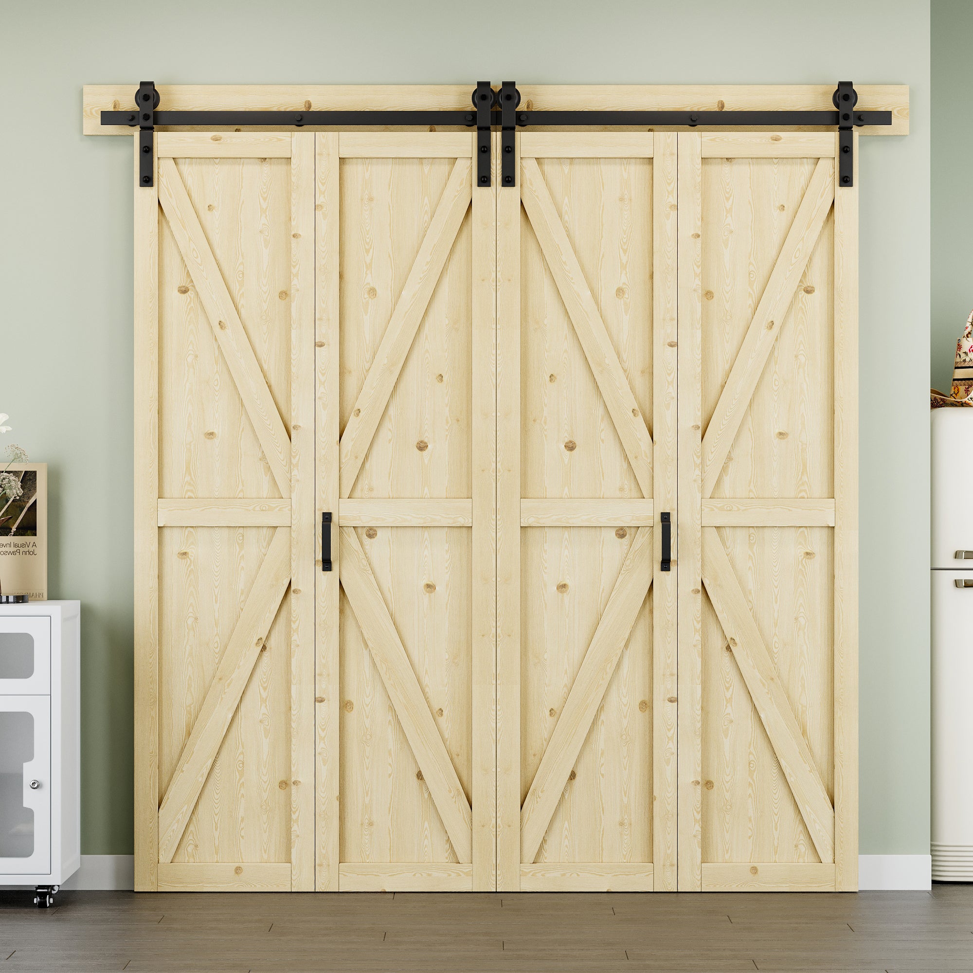 [Paintable] K Panel Pine Wood Closet Bifold Barn Door with Hardware Kit & Handle, Solid Core Pine Wood & Unfinished & Paintable Surface