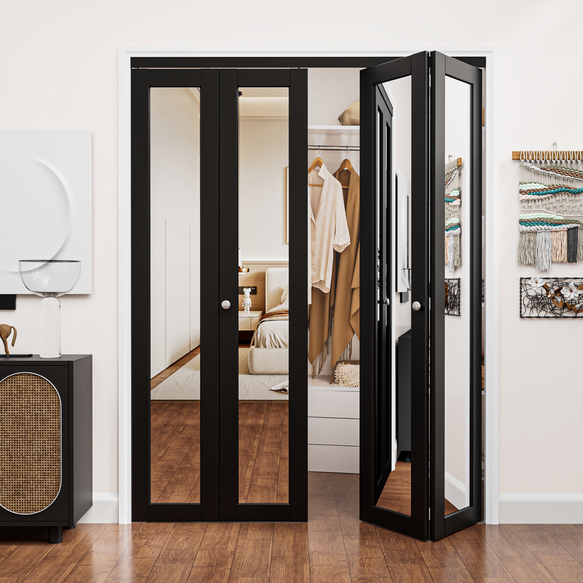 Ark Design 1-Lite Black Mirror Bifold Door with Hardware Kit & Knob, Solid Core MDF Wood & PVC Covered Finished