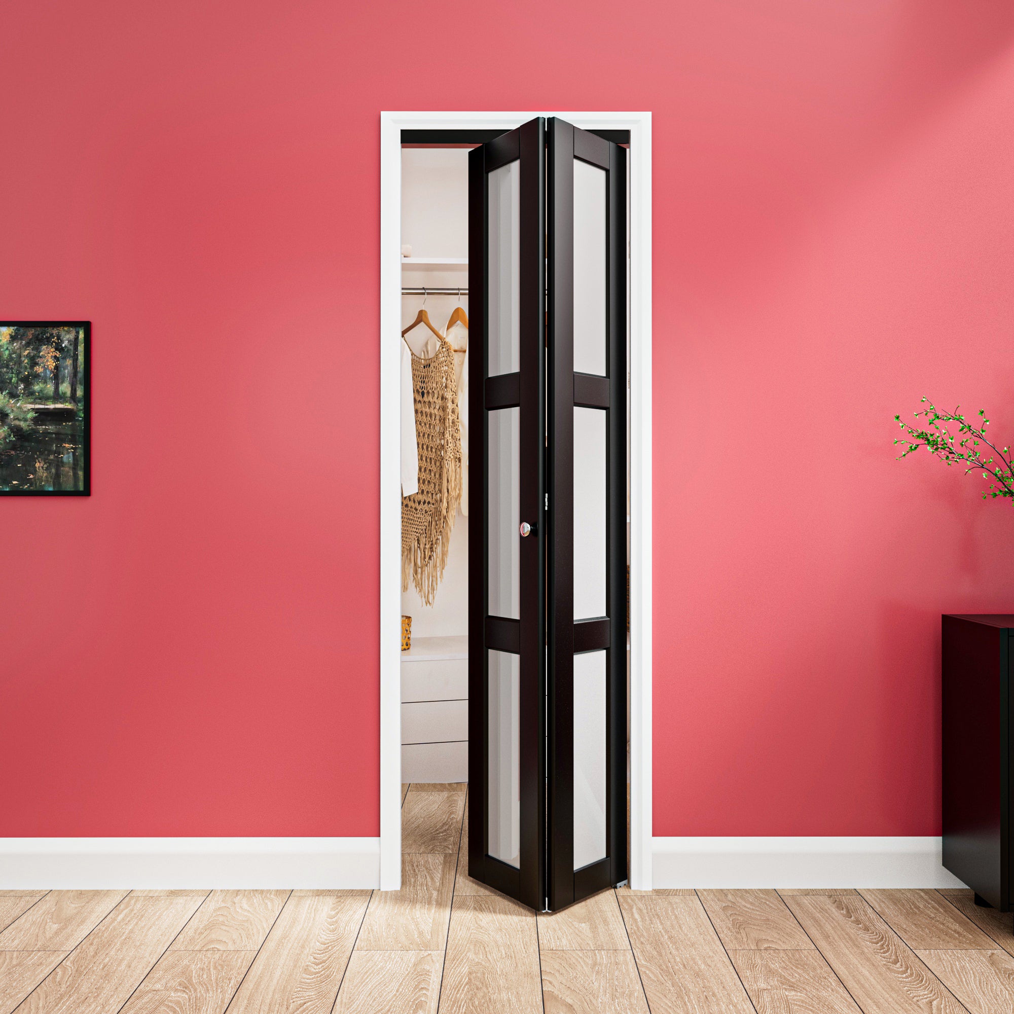 Ark Design 3-Lite Black Tempered Frosted Glass Bifold Door with Hardware Kit & Knob, Solid Core MDF Wood & PVC Covered Finished