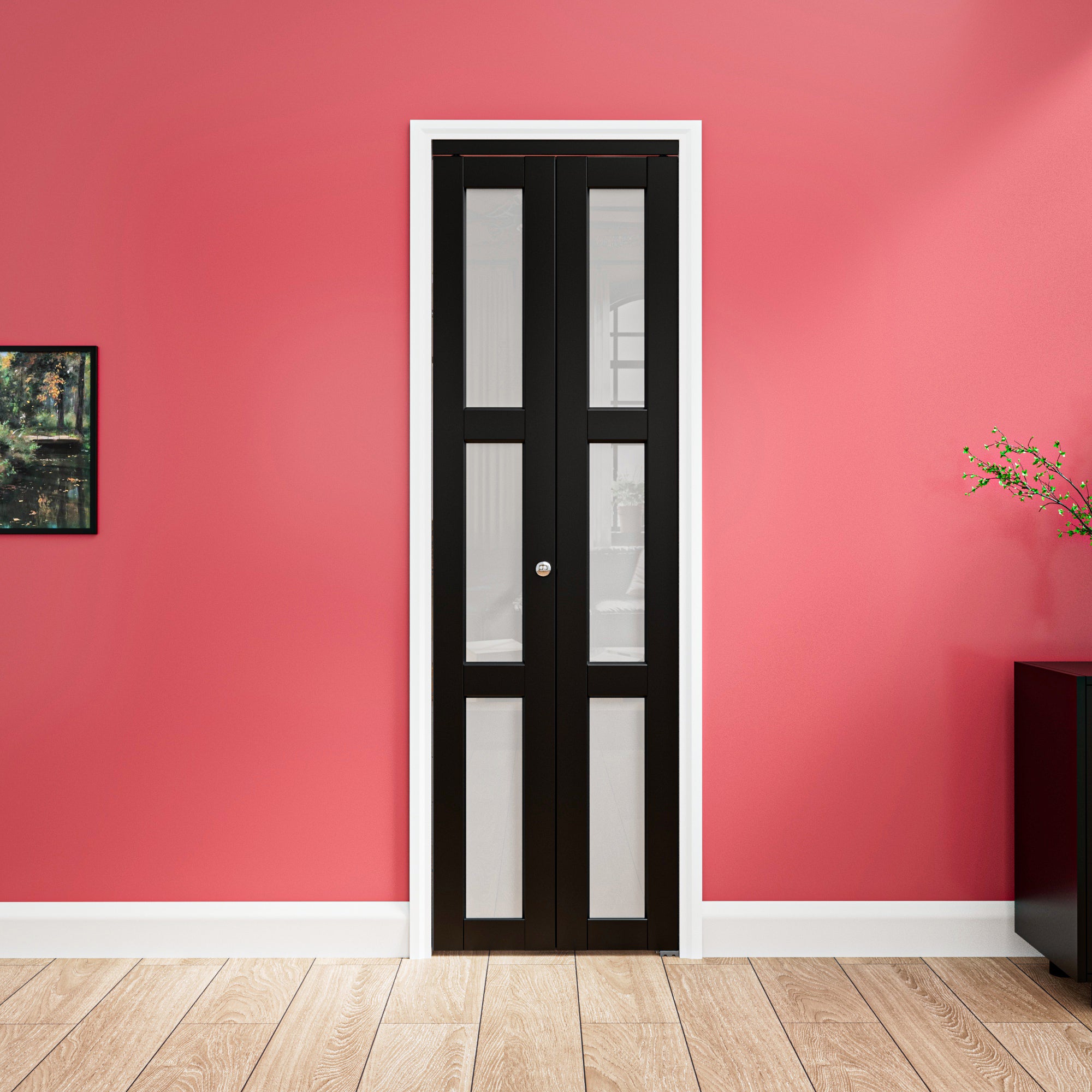 Ark Design 3-Lite Black Tempered Frosted Glass Bifold Door with Hardware Kit & Knob, Solid Core MDF Wood & PVC Covered Finished