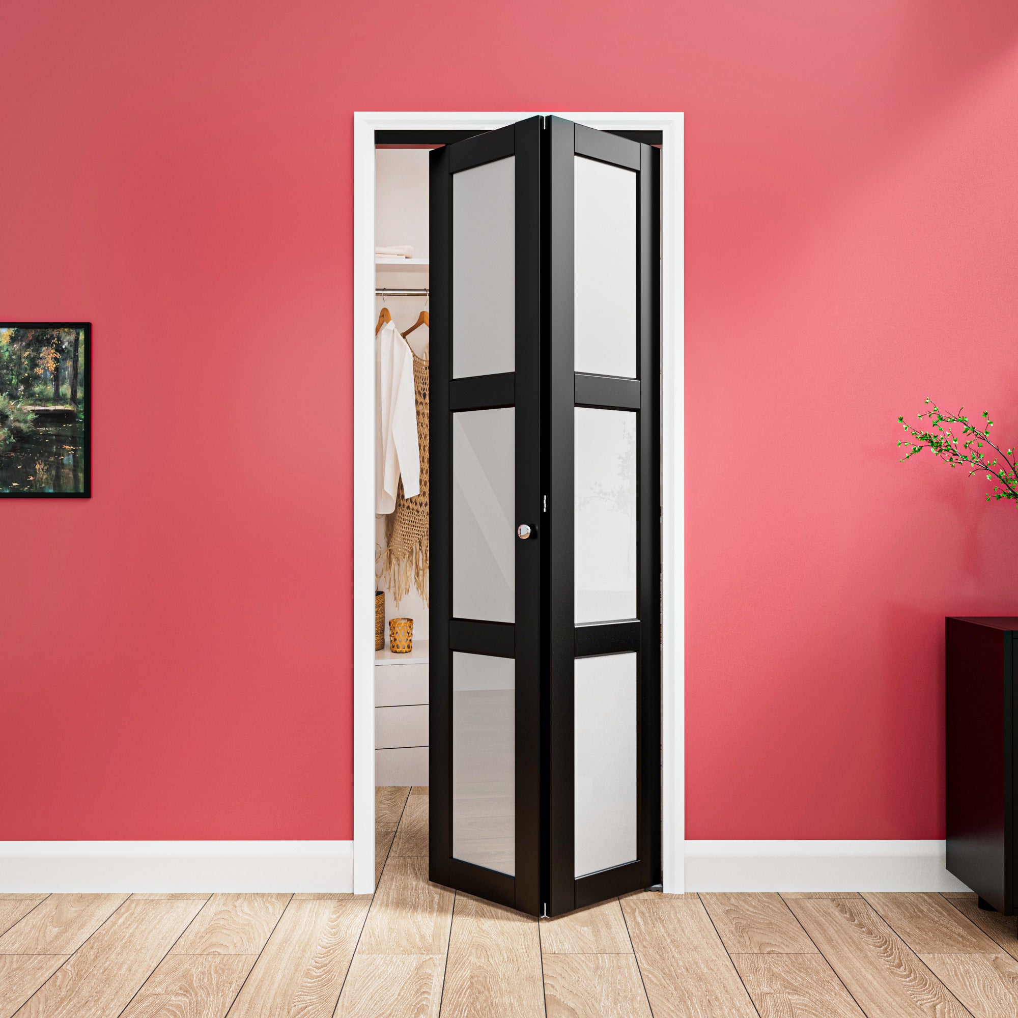 Ark Design 3-Lite Black Tempered Frosted Glass Bifold Door with Hardware Kit & Knob, Solid Core MDF Wood & PVC Covered Finished