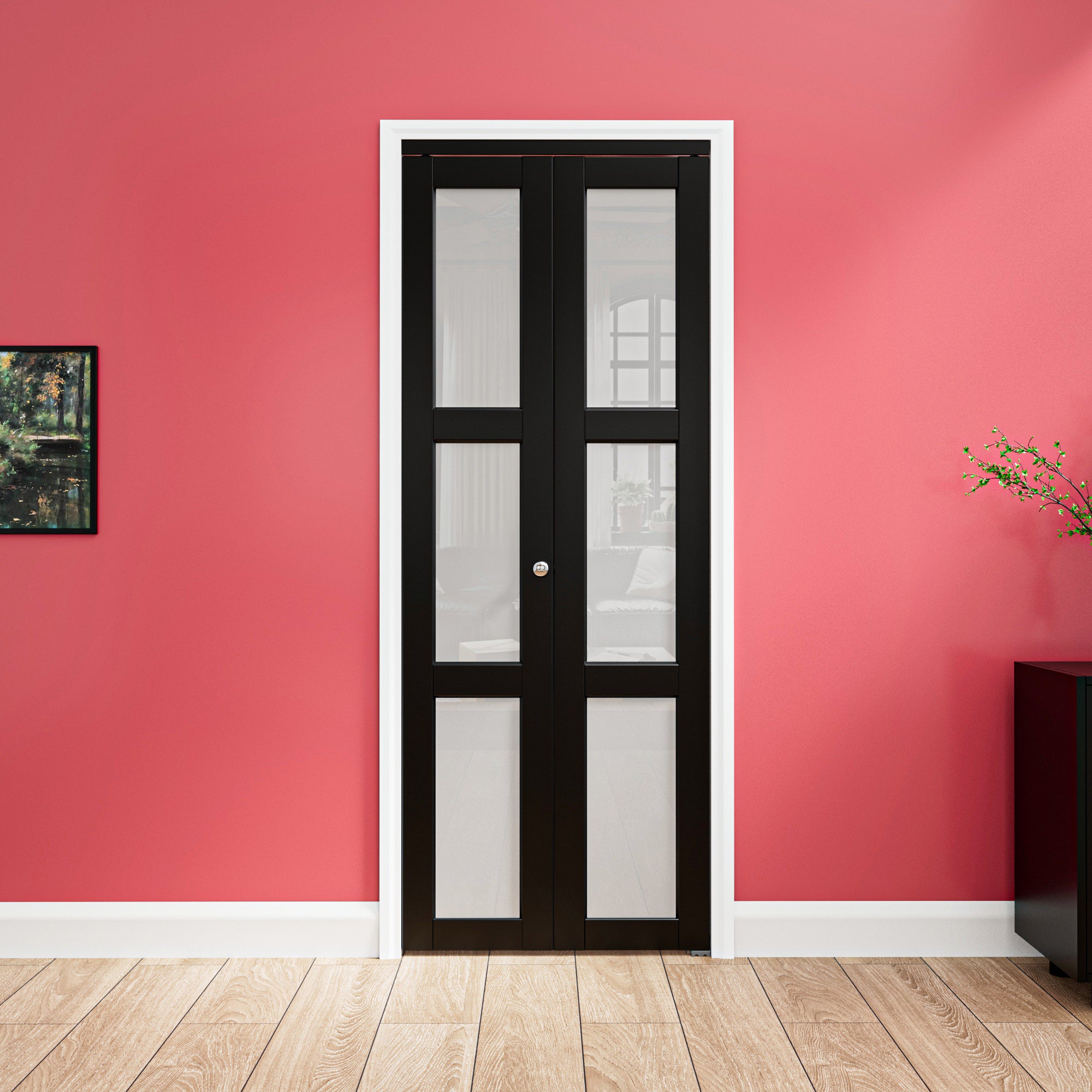 Ark Design 3-Lite Black Tempered Frosted Glass Bifold Door with Hardware Kit & Knob, Solid Core MDF Wood & PVC Covered Finished