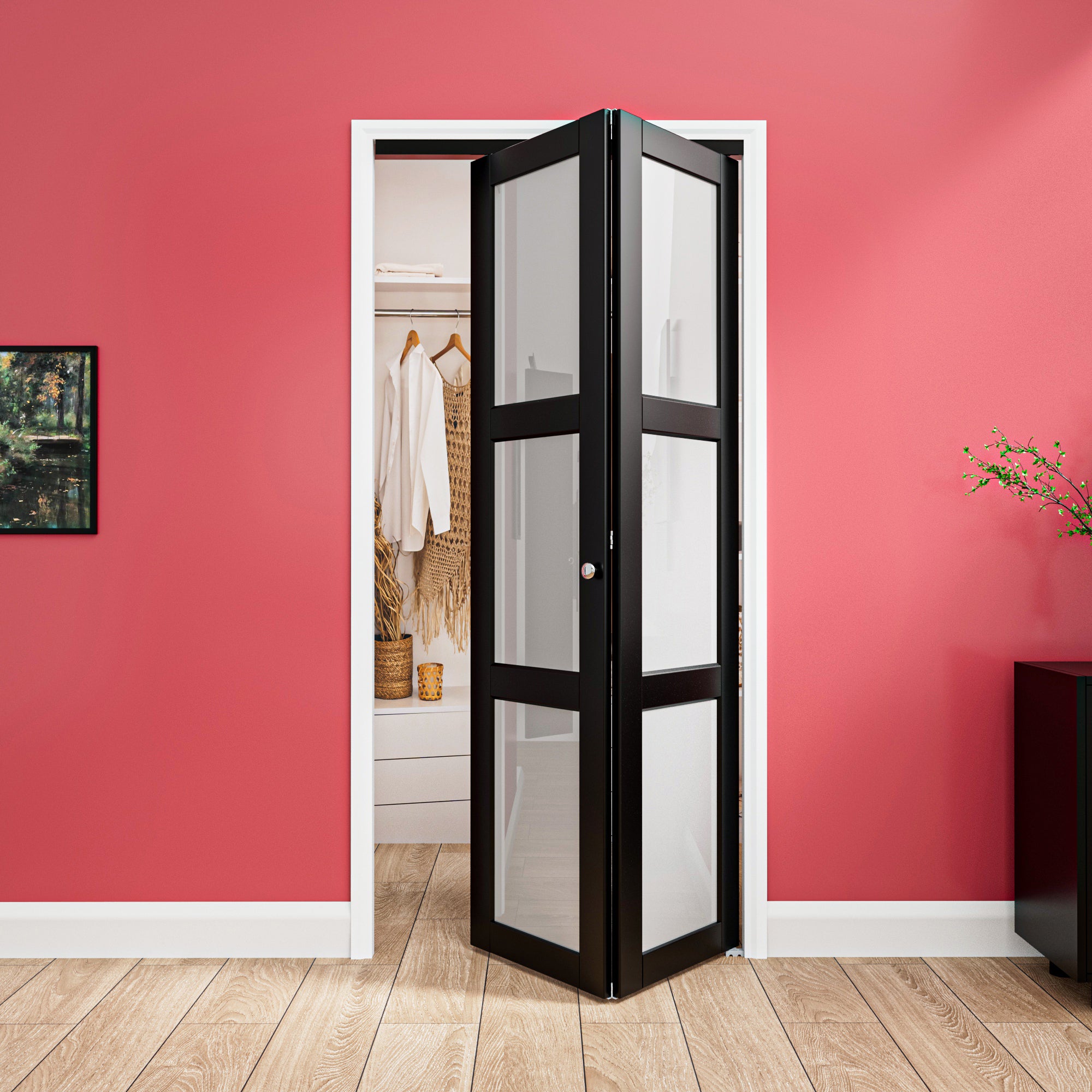 Ark Design 3-Lite Black Tempered Frosted Glass Bifold Door with Hardware Kit & Knob, Solid Core MDF Wood & PVC Covered Finished