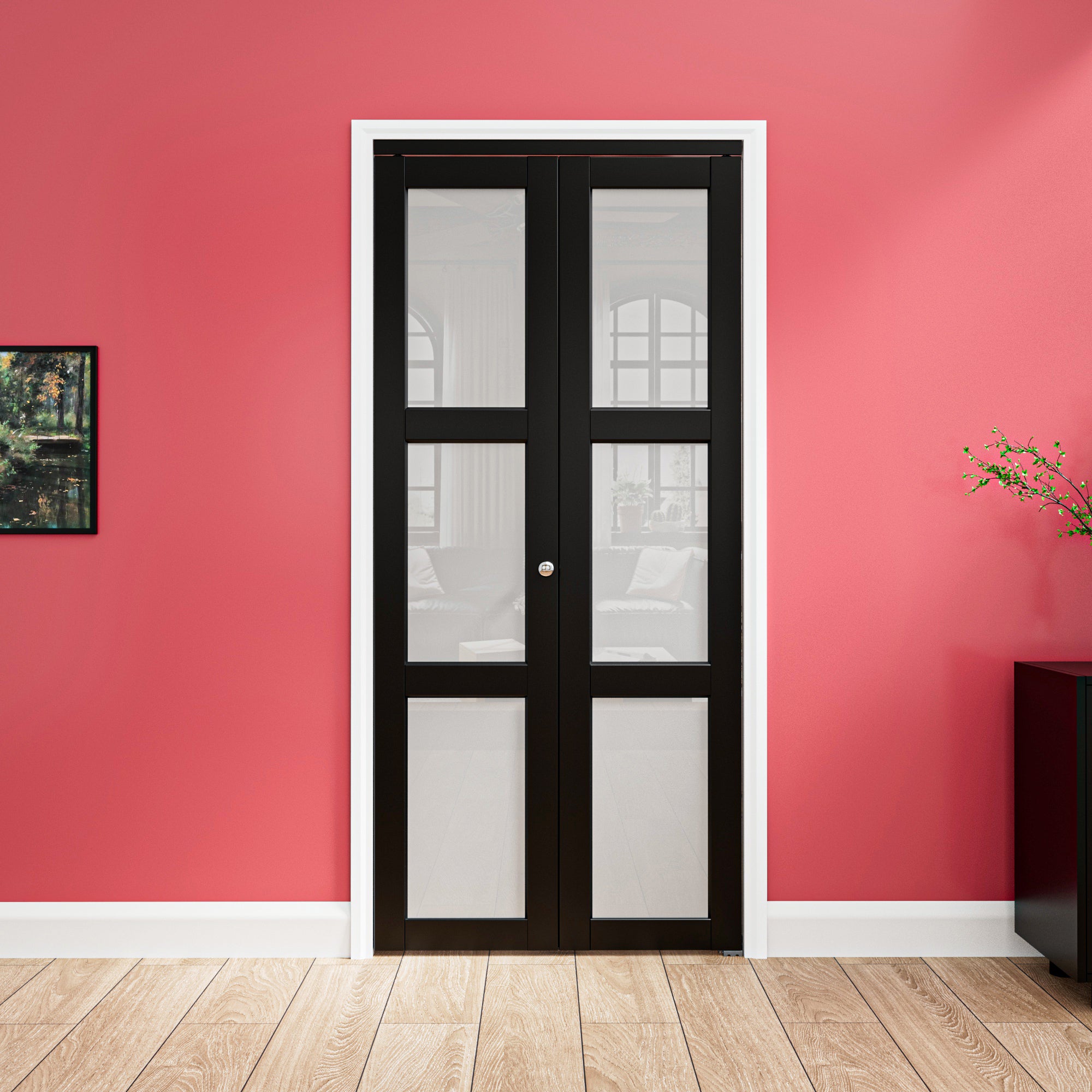 Ark Design 3-Lite Black Tempered Frosted Glass Bifold Door with Hardware Kit & Knob, Solid Core MDF Wood & PVC Covered Finished