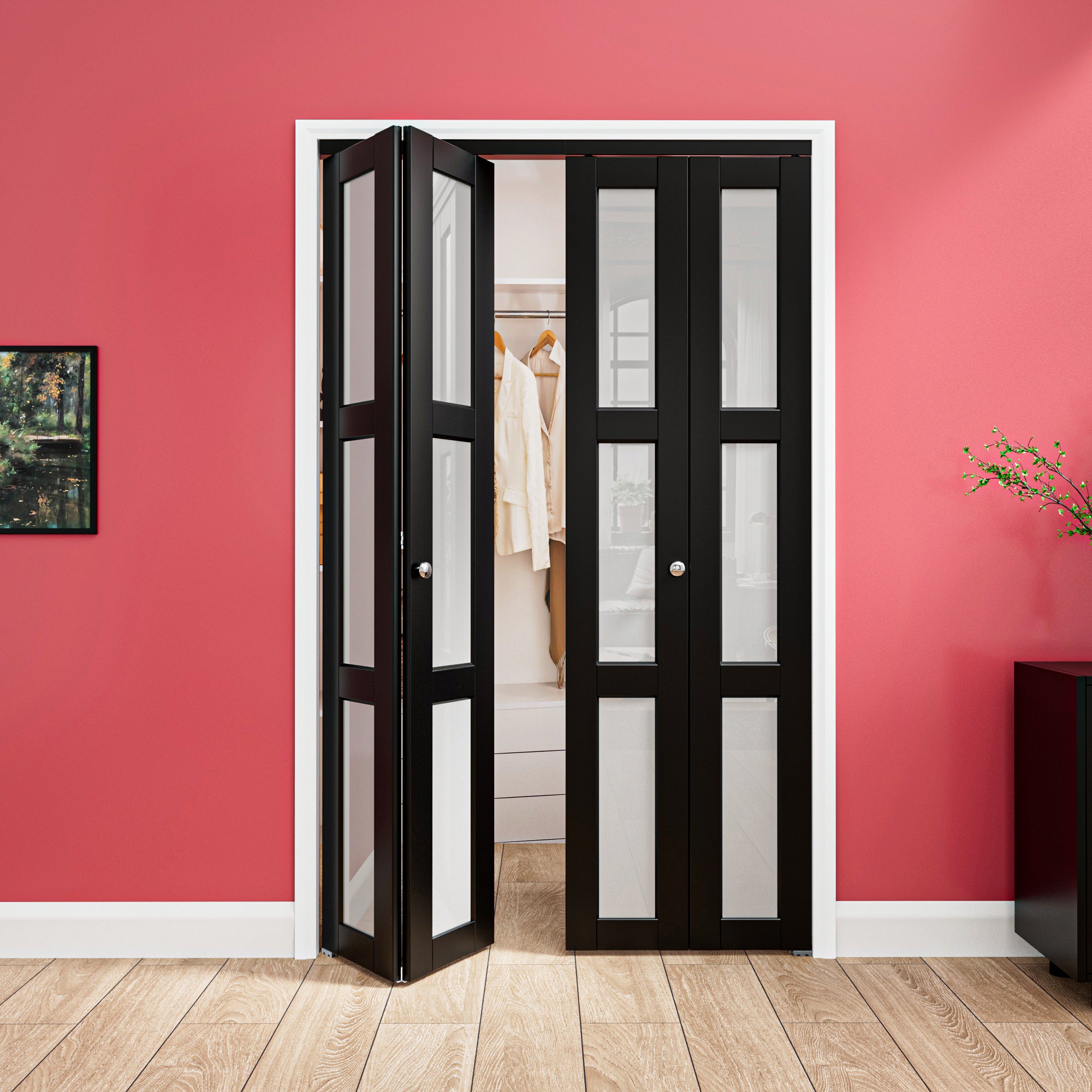 Ark Design 3-Lite Black Tempered Frosted Glass Bifold Door with Hardware Kit & Knob, Solid Core MDF Wood & PVC Covered Finished