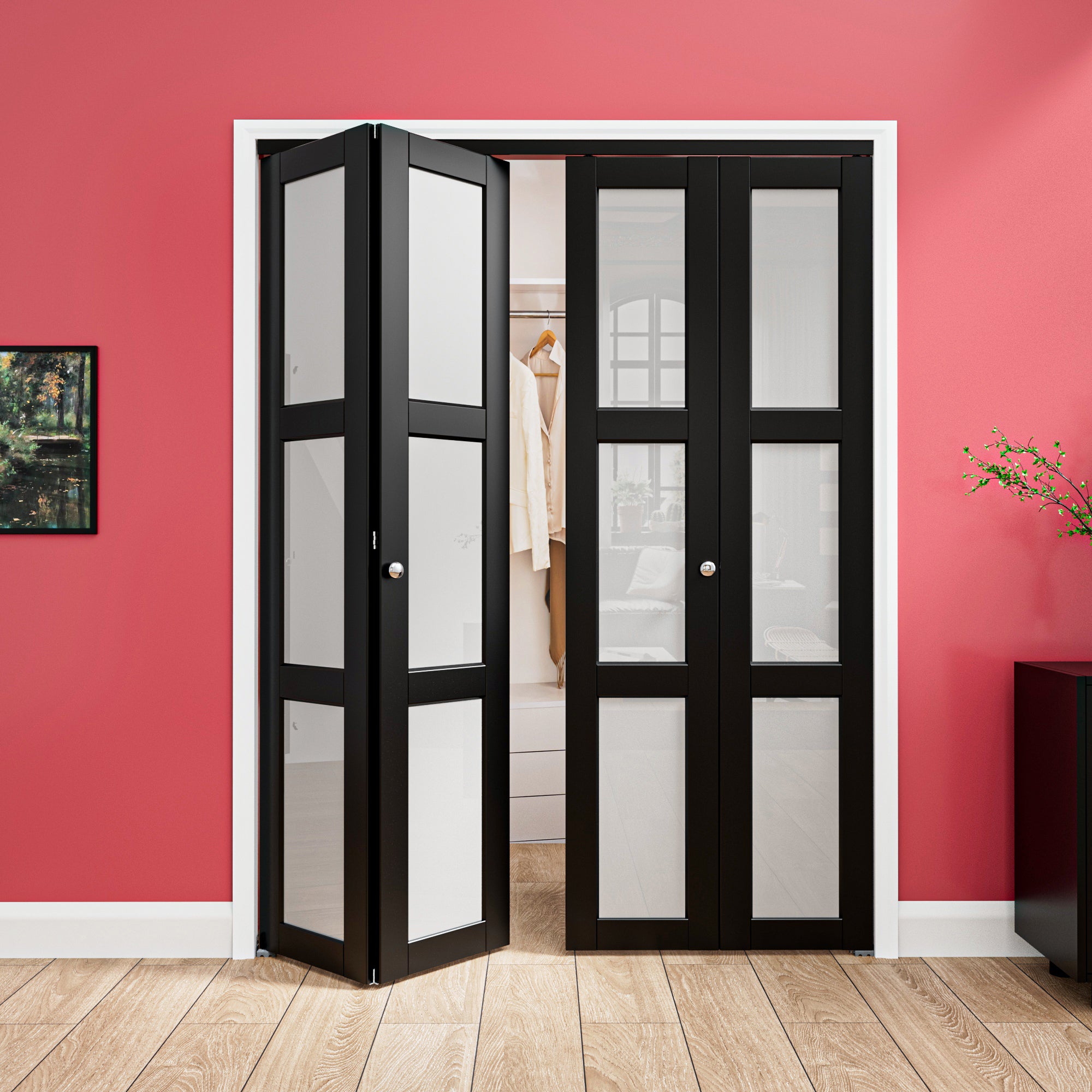 Ark Design 3-Lite Black Tempered Frosted Glass Bifold Door with Hardware Kit & Knob, Solid Core MDF Wood & PVC Covered Finished