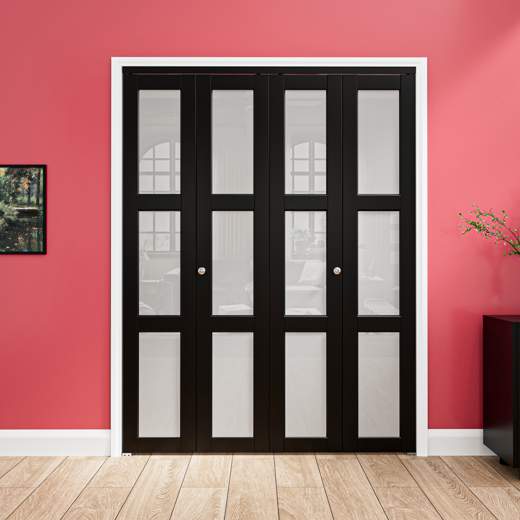 Ark Design 3-Lite Black Tempered Frosted Glass Bifold Door with Hardware Kit & Knob, Solid Core MDF Wood & PVC Covered Finished