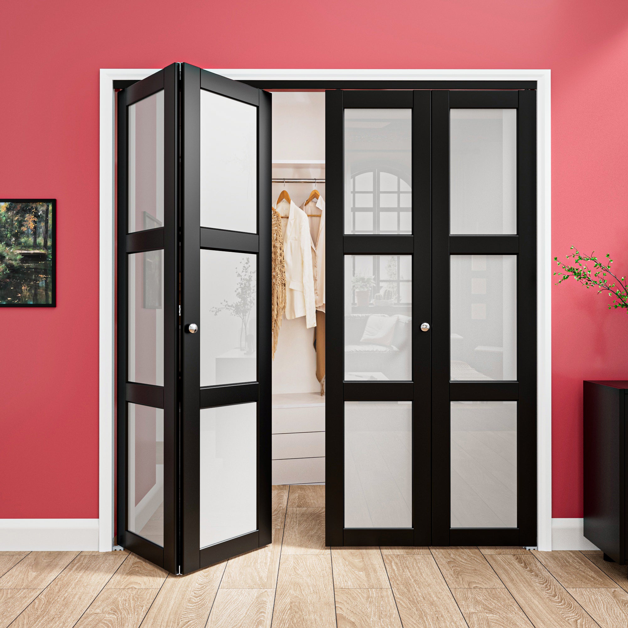 Ark Design 3-Lite Black Tempered Frosted Glass Bifold Door with Hardware Kit & Knob, Solid Core MDF Wood & PVC Covered Finished