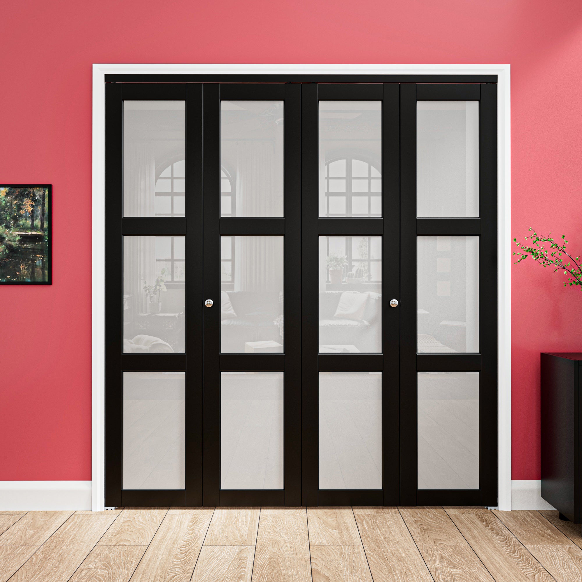 Ark Design 3-Lite Black Tempered Frosted Glass Bifold Door with Hardware Kit & Knob, Solid Core MDF Wood & PVC Covered Finished