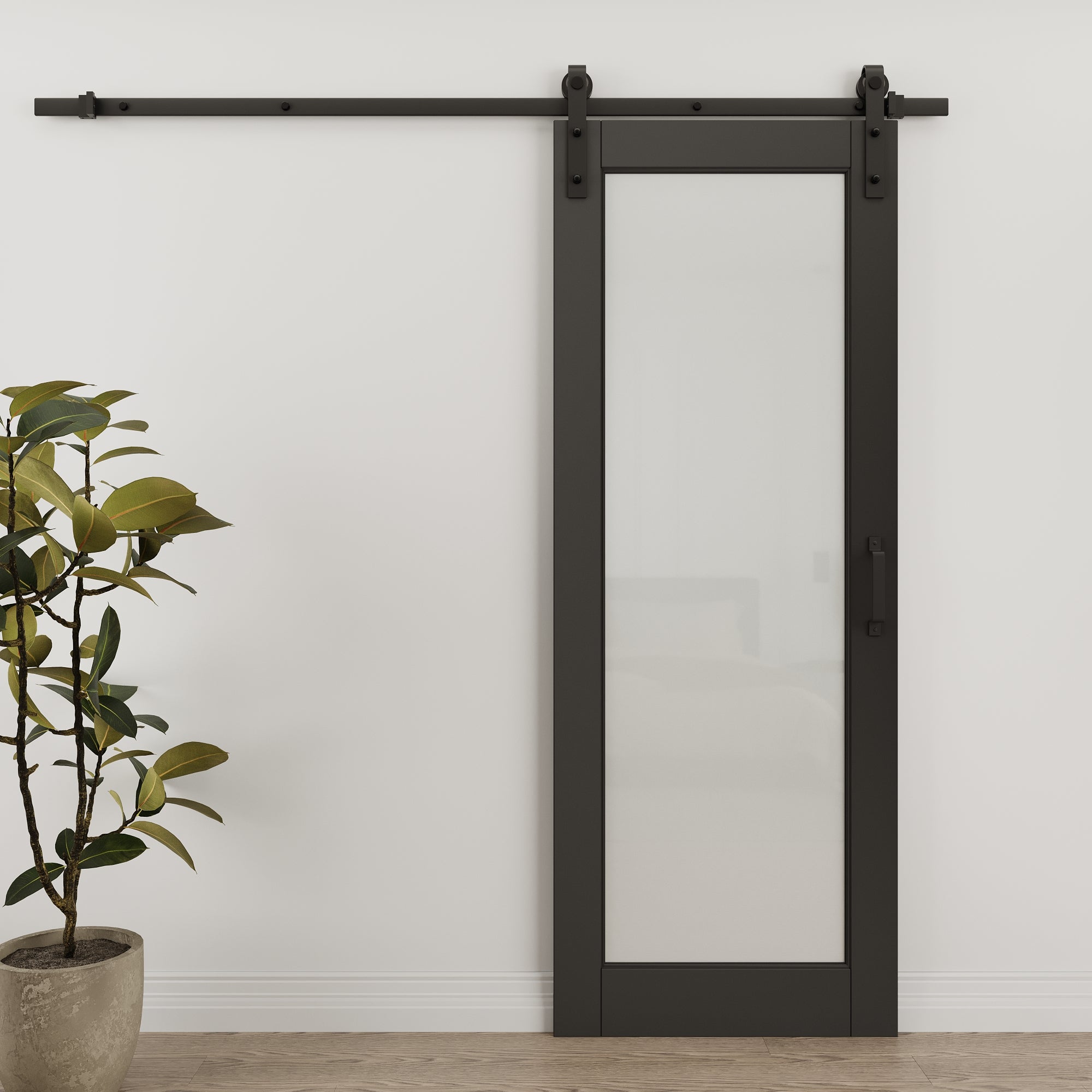 Ark Design 1-Lite Tempered Frosted Glass Black Primed MDF Composite Sliding Barn Door with Hardware Kit