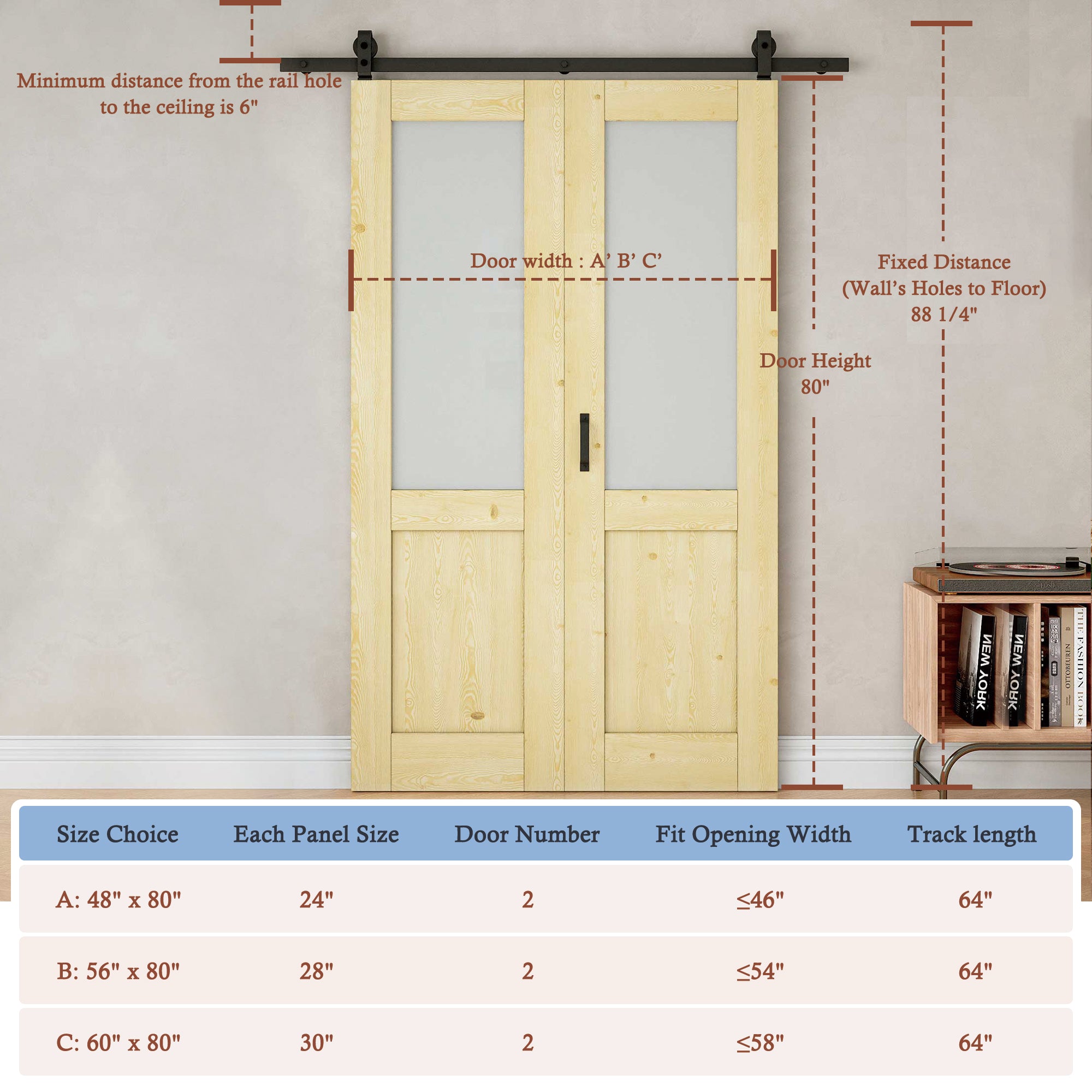 [Paintable] Half Lite Frosted Glass Bifold Barn Door Pine Wood, Unfinished & Paintable Surface, with Hardware Kit & Handle & Floor Guide