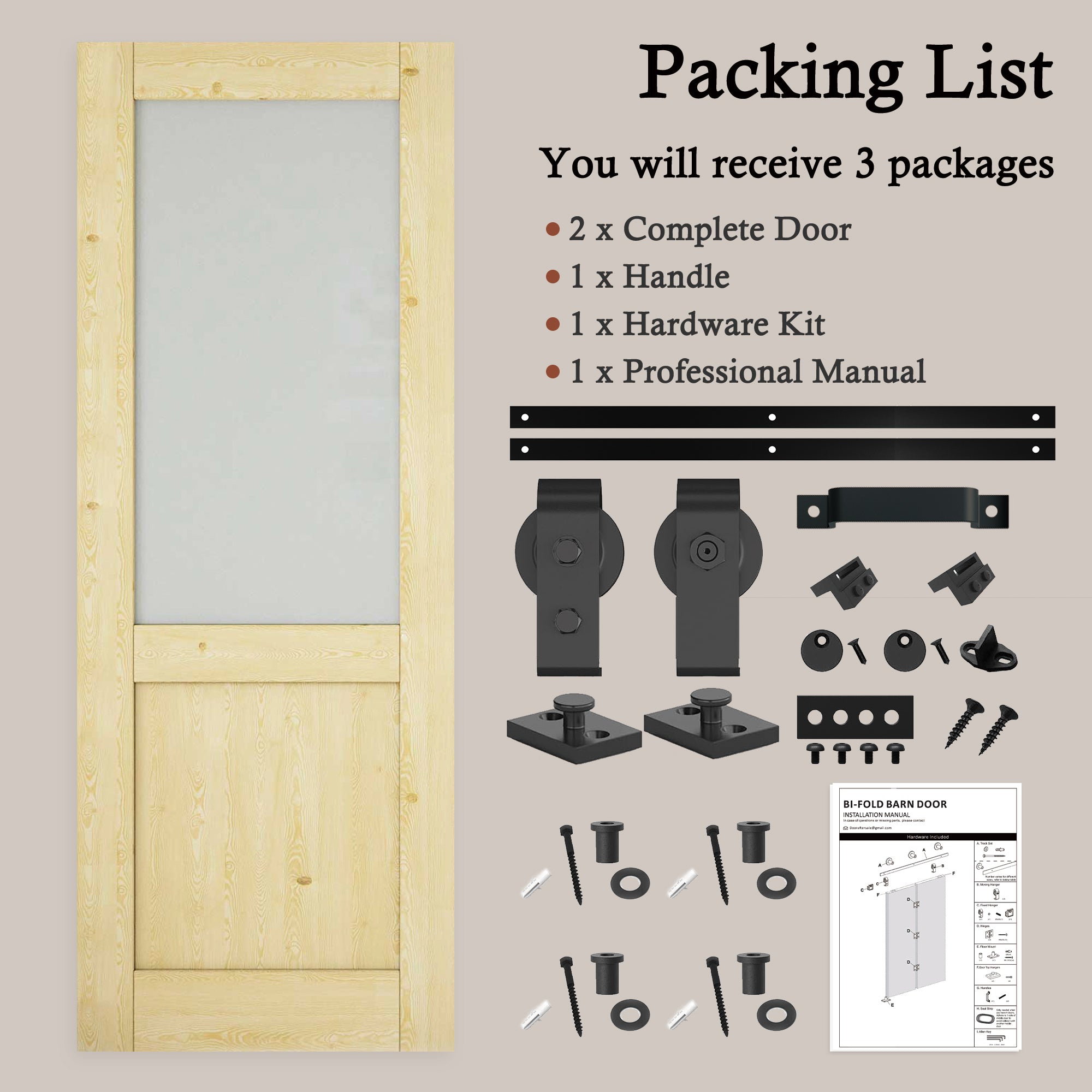 [Paintable] Half Lite Frosted Glass Bifold Barn Door Pine Wood, Unfinished & Paintable Surface, with Hardware Kit & Handle & Floor Guide