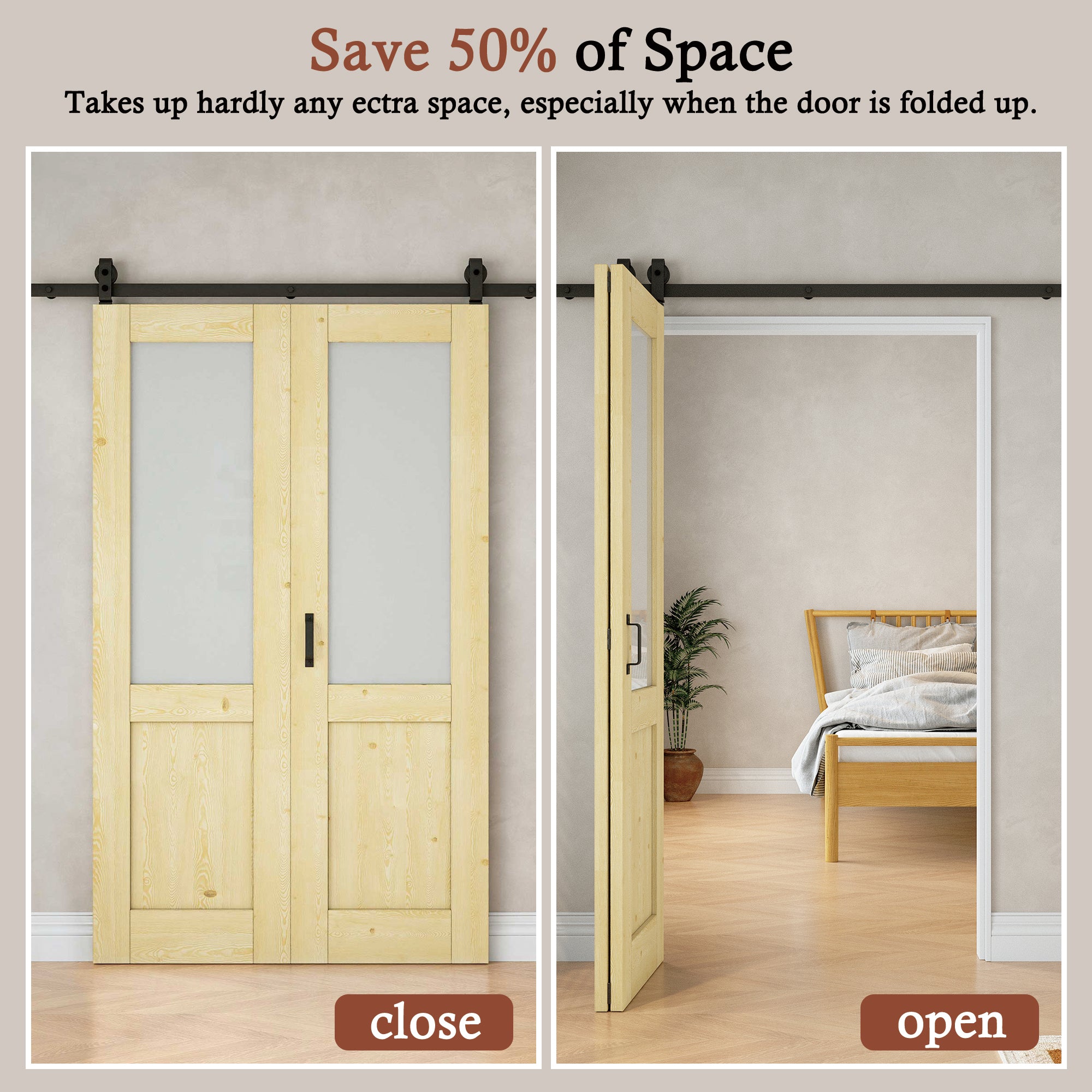 [Paintable] Half Lite Frosted Glass Bifold Barn Door Pine Wood, Unfinished & Paintable Surface, with Hardware Kit & Handle & Floor Guide