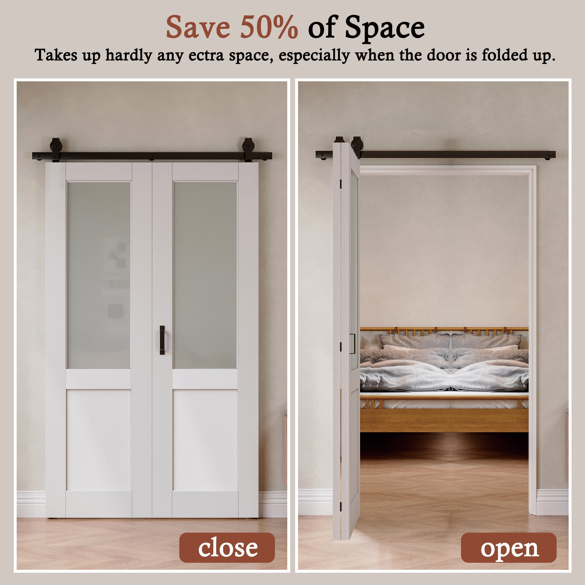 [Paintable] Half Lite Tempered Frosted Glass  Bifold Sliding Barn Door, Prefinished & Paintable Surface with Hardware Kit