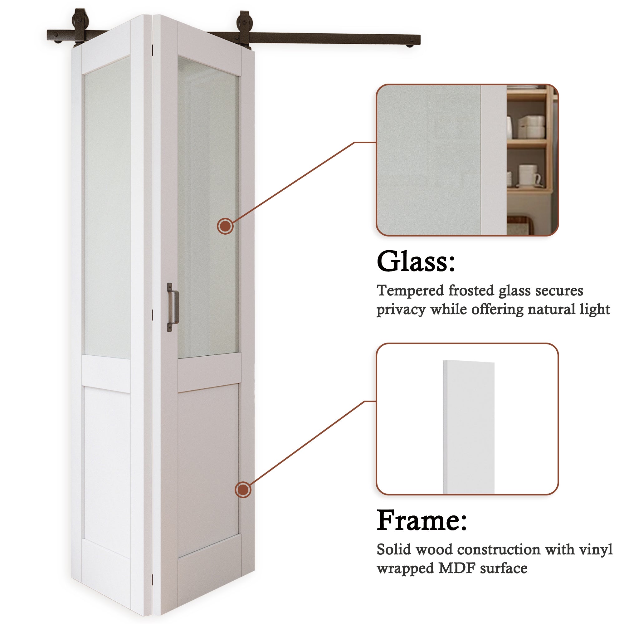 [Paintable] Half Lite Tempered Frosted Glass  Bifold Sliding Barn Door, Prefinished & Paintable Surface with Hardware Kit