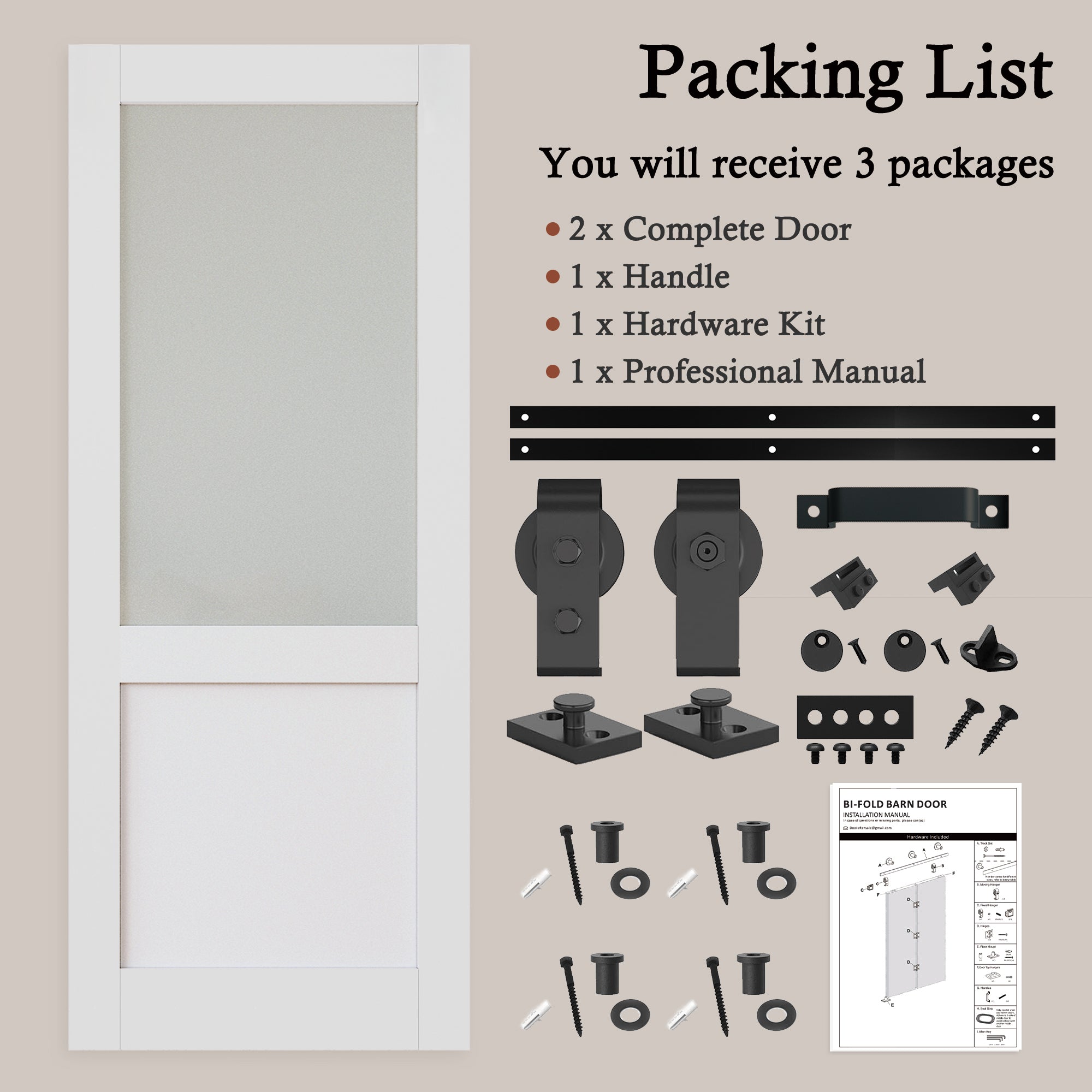 [Paintable] Half Lite Tempered Frosted Glass  Bifold Sliding Barn Door, Prefinished & Paintable Surface with Hardware Kit