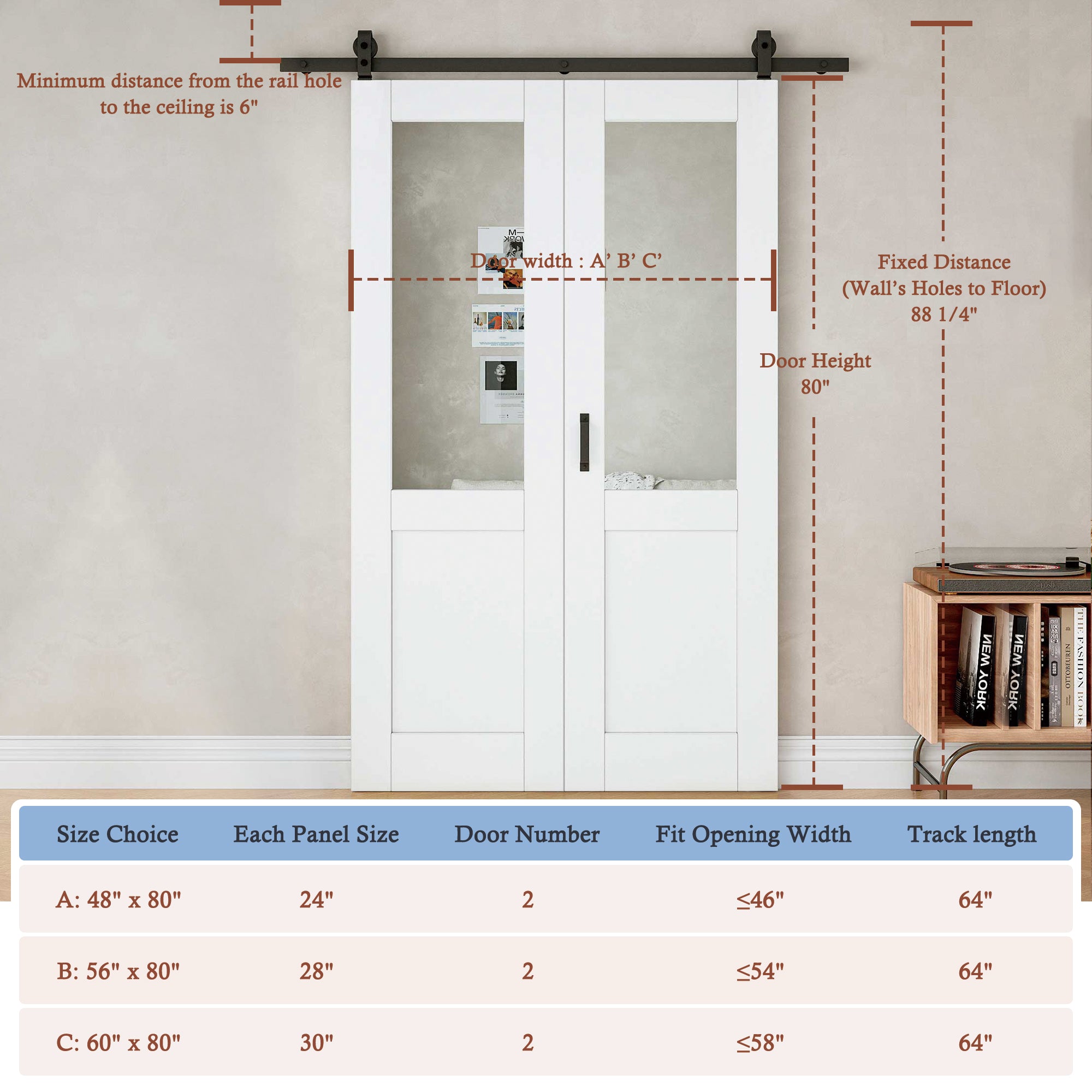 [Paintable] Half Lite Tempered Frosted Glass  Bifold Sliding Barn Door, Prefinished & Paintable Surface with Hardware Kit