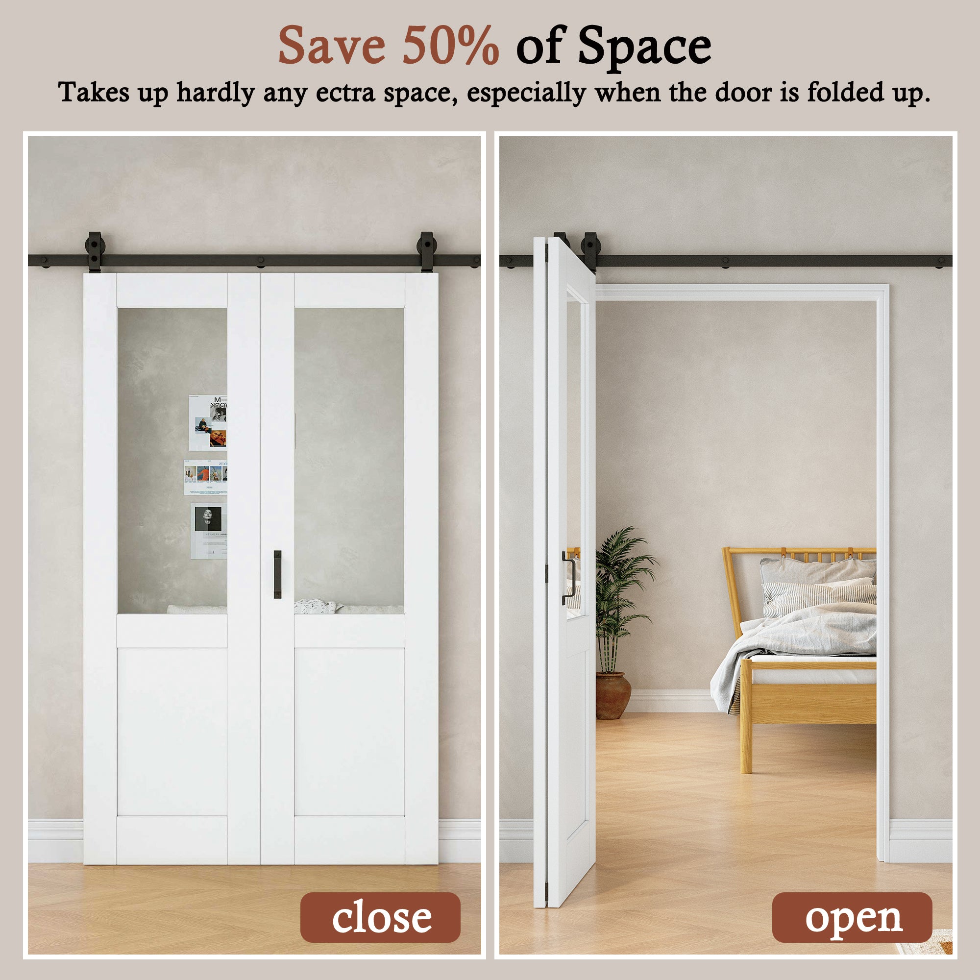 [Paintable] Half Lite Mirror Bifold Sliding Barn Door, Prefinished & Paintable Surface with Hardware Kit