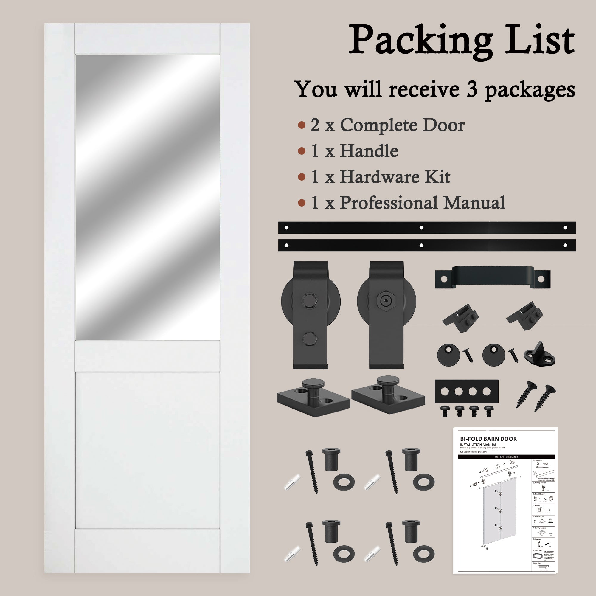 [Paintable] Half Lite Mirror Bifold Sliding Barn Door, Prefinished & Paintable Surface with Hardware Kit